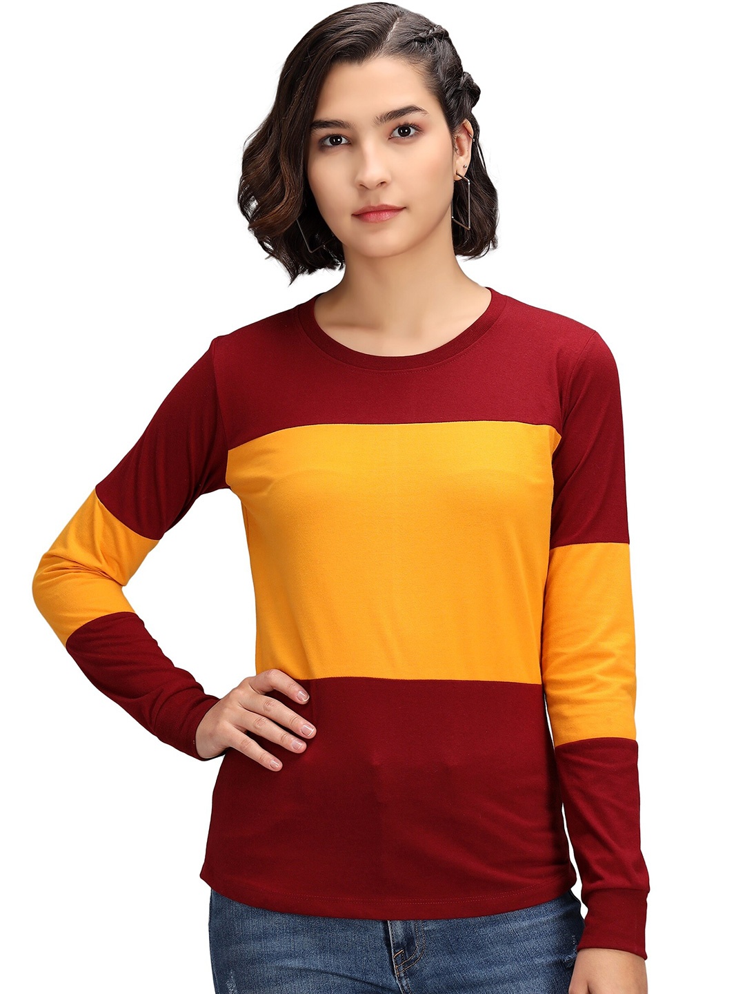 

PockMAN Women Maroon & Yellow Colourblocked Pockets T-shirt