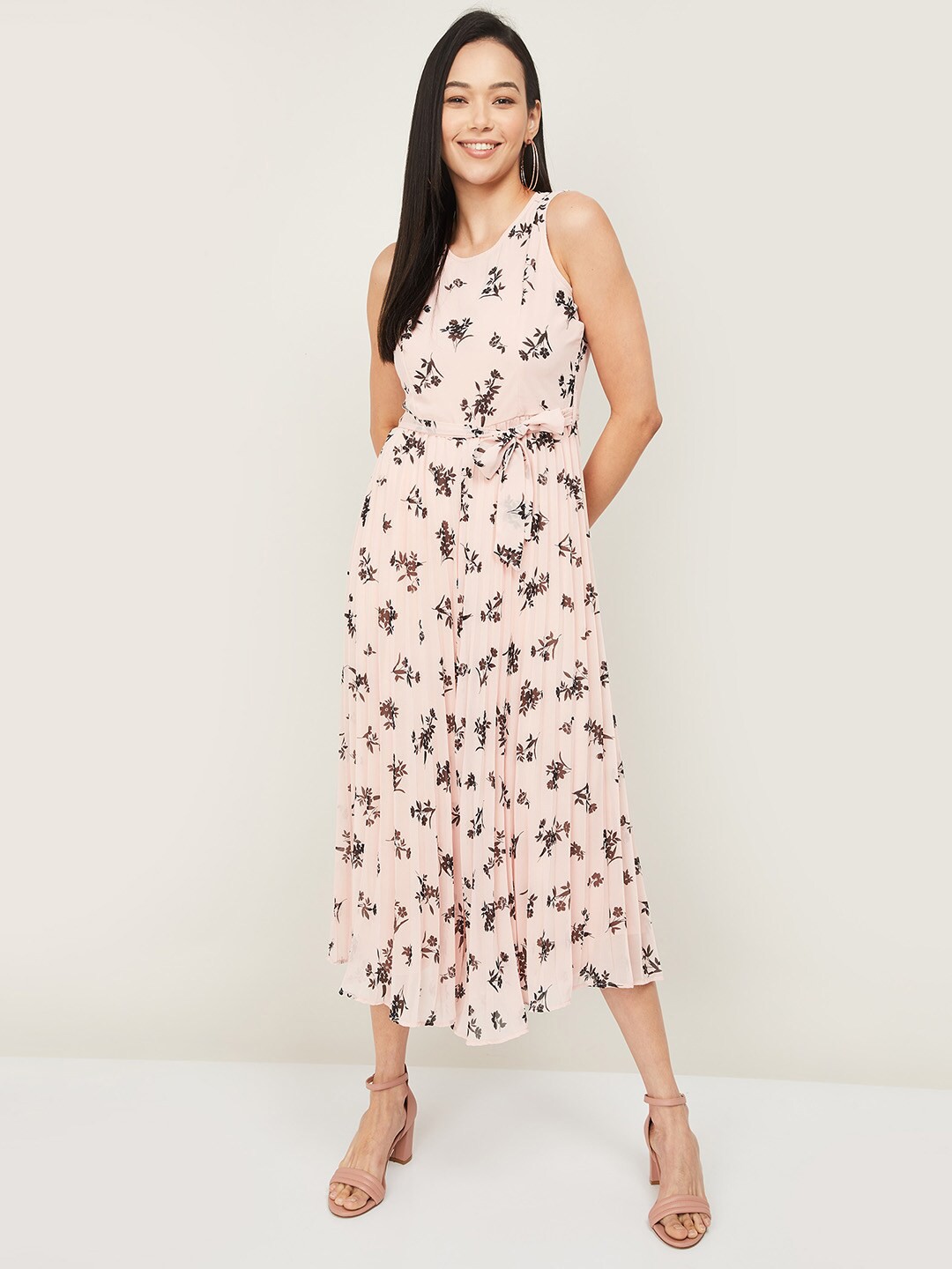 

CODE by Lifestyle Pink & Green Floral Printed Accordion Pleated A-line Dress
