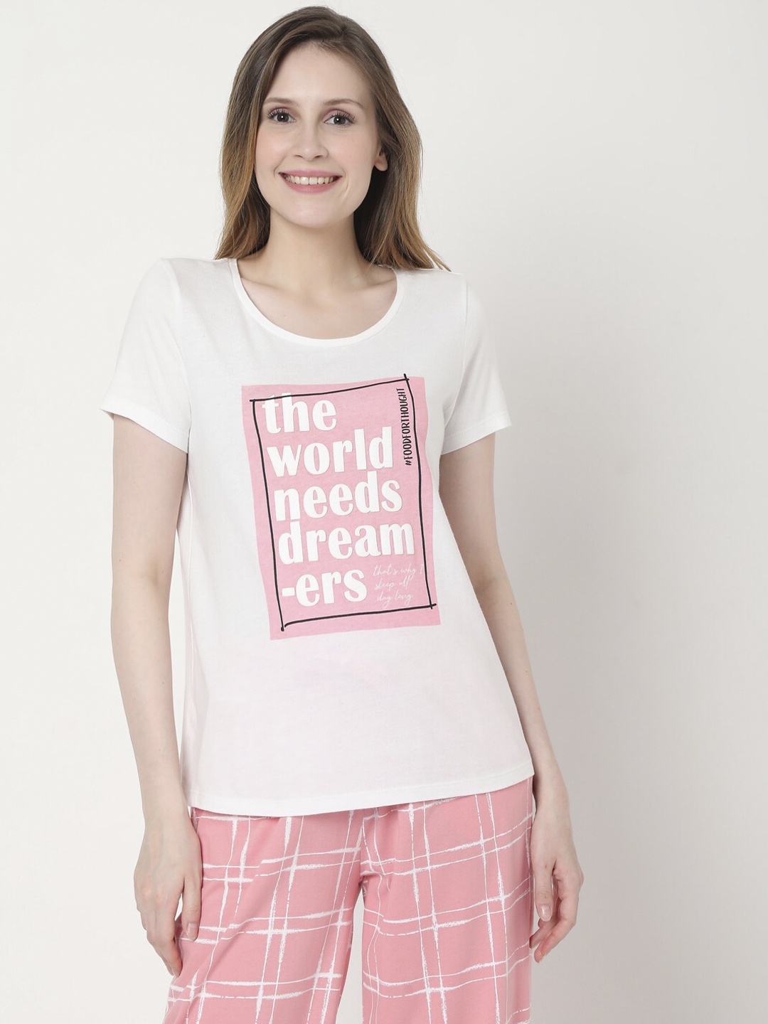 

Vero Moda Women Pink & White Printed Pure Cotton Night suit