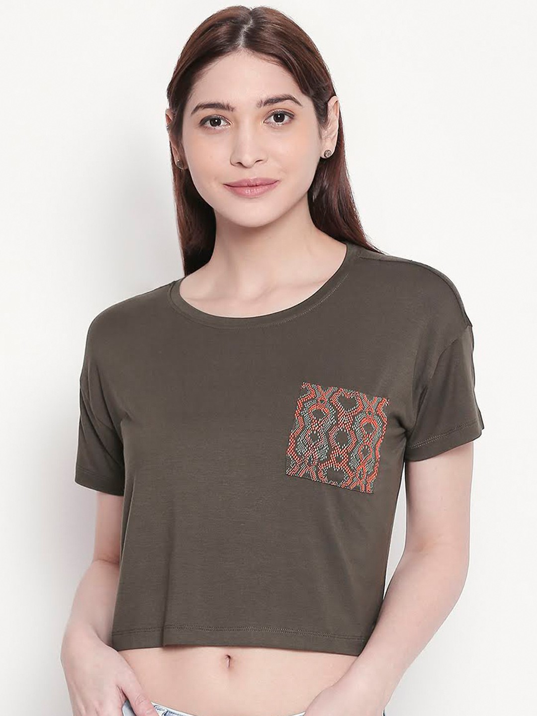 

SPYKAR Women Olive Green Pockets Slim Fit Crop T-shirt