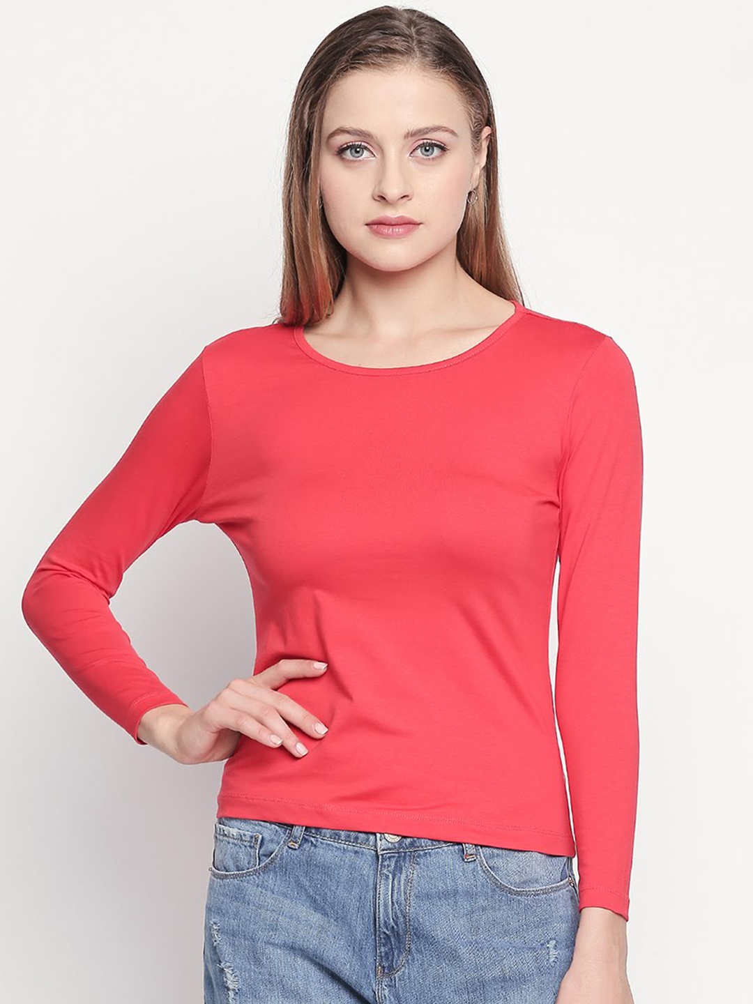 

SPYKAR Women Coral Slim Fit Cotton T-shirt
