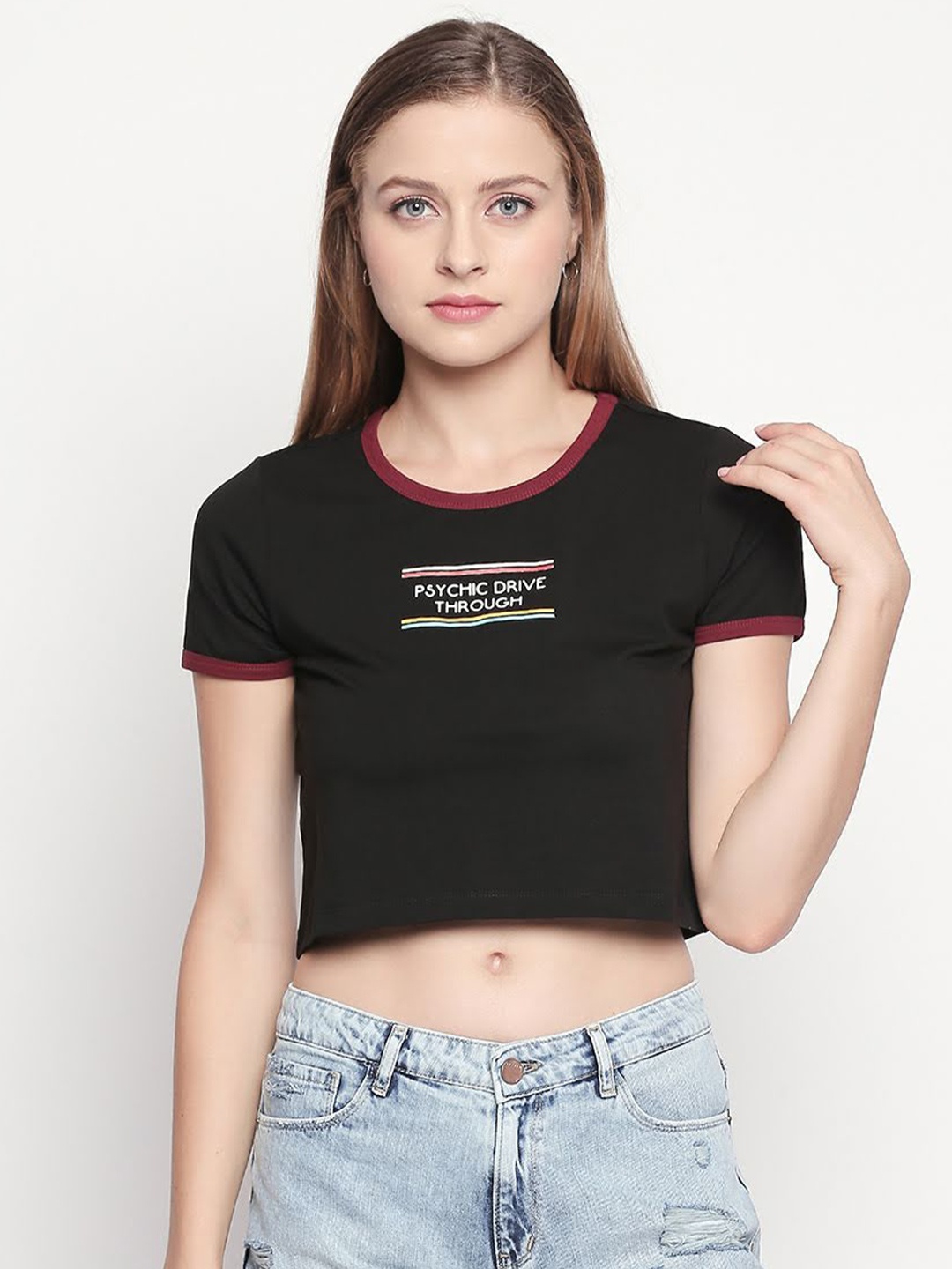 

SPYKAR Women Black Typography Slim Fit Crop T-shirt