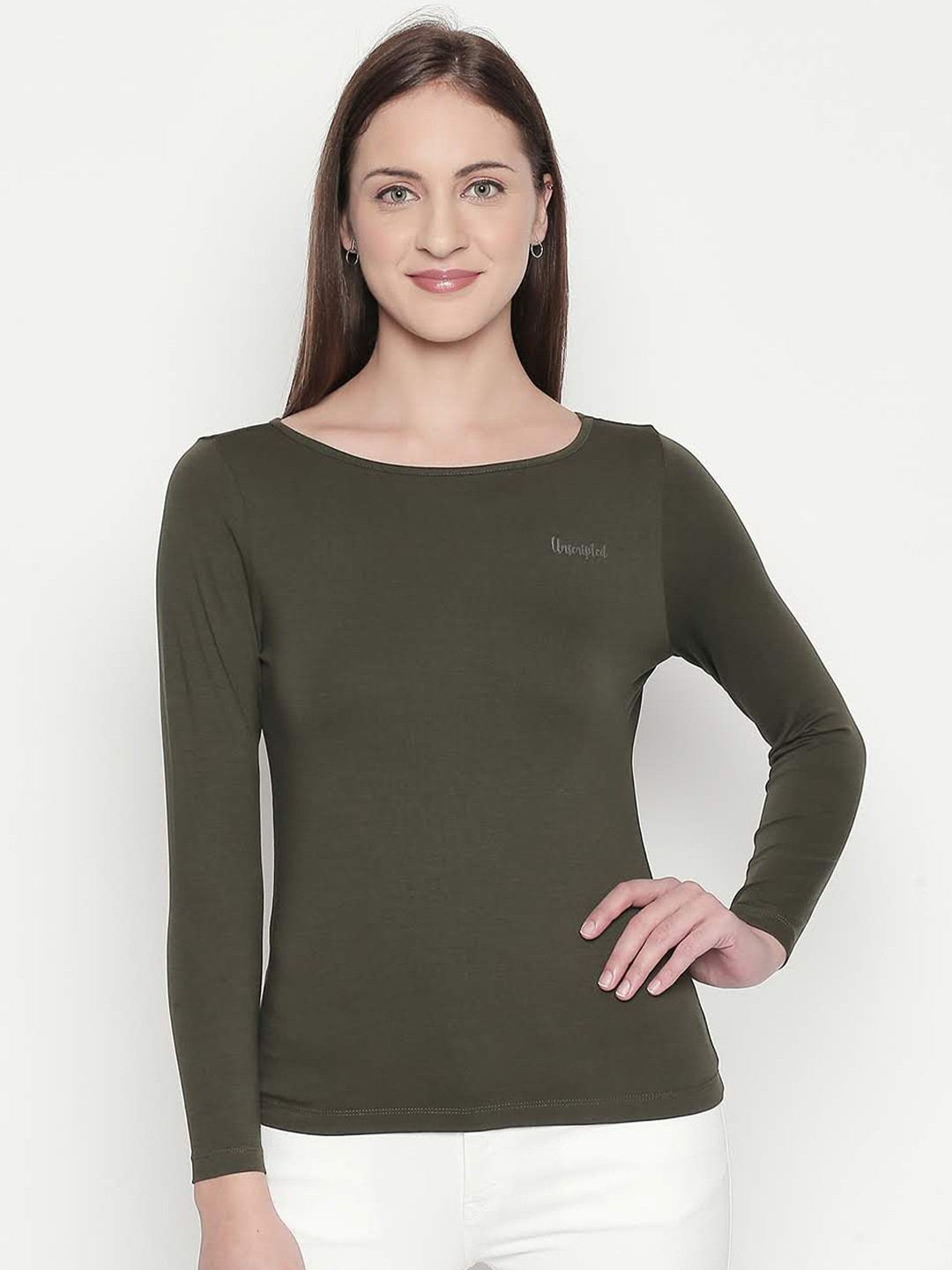 

SPYKAR Women Olive Green Drop-Shoulder Sleeves Cut Outs Slim Fit T-shirt