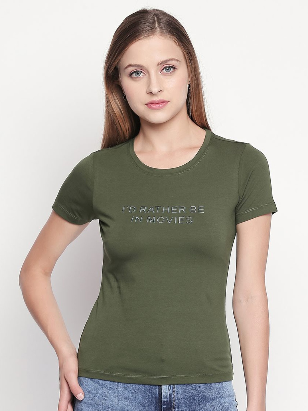 

SPYKAR Women Olive Green Typography Slim Fit T-shirt