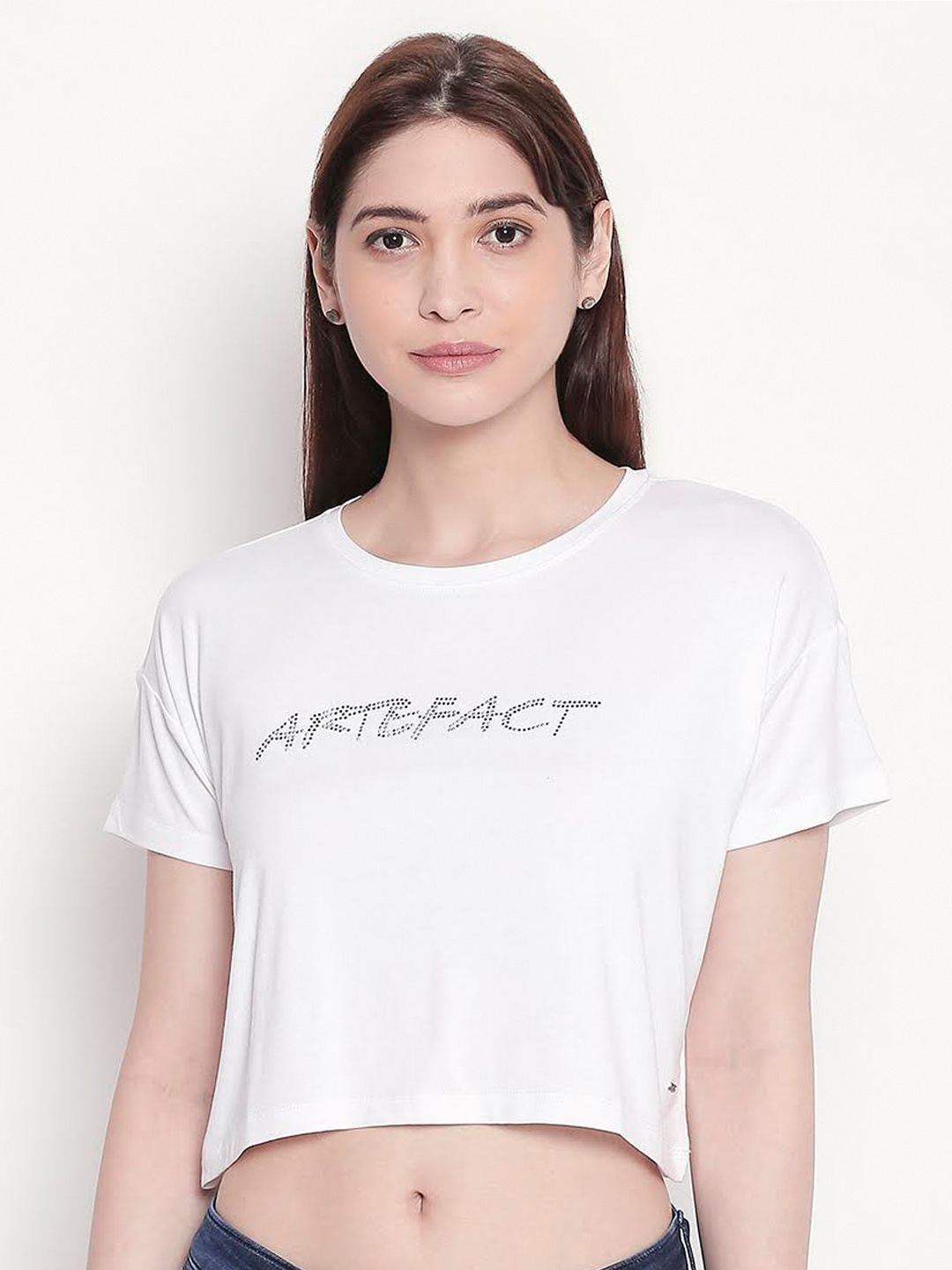 

SPYKAR Women White Extended Sleeves Slim Fit Crop T-shirt