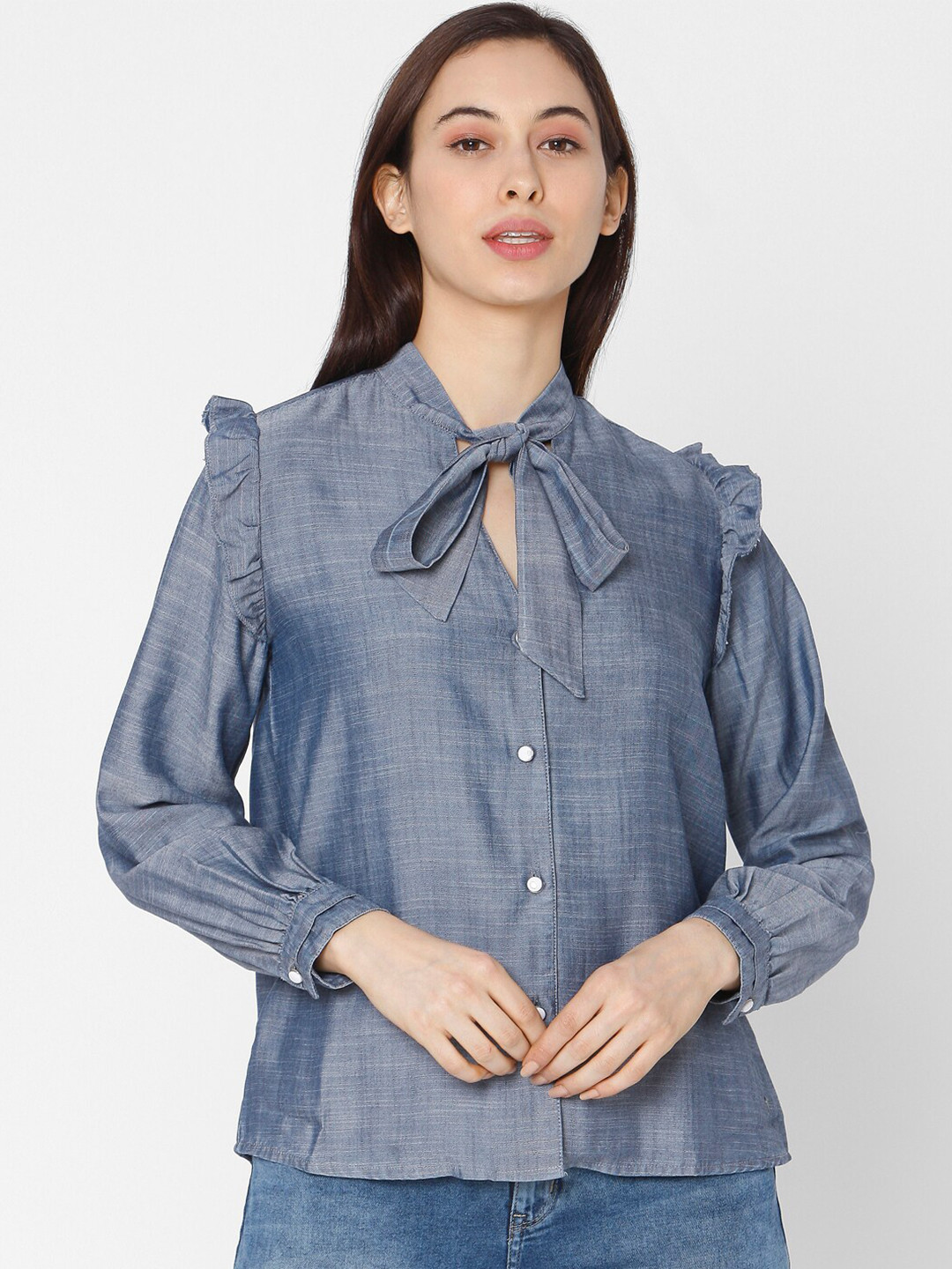 

SPYKAR Blue Tie-Up Neck Shirt Style Top