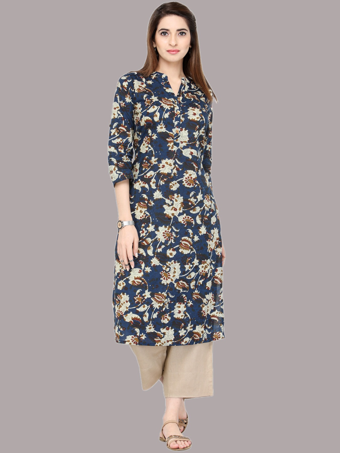 

Varanga Women Navy Blue & Beige Floral Printed Panelled Pure Cotton Kurta With Trousers