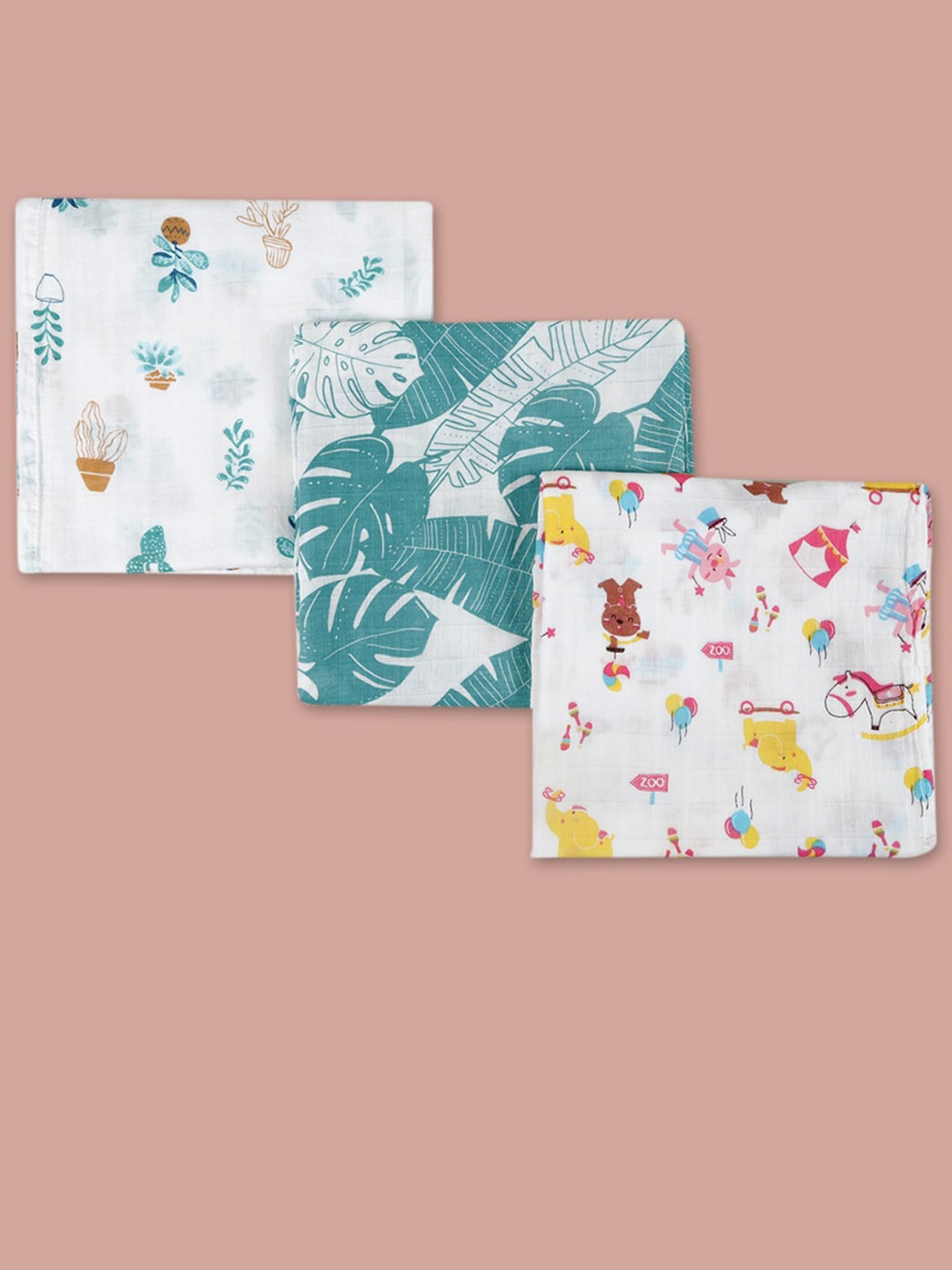 

Baby Moo Infants Set of 3 White & Green Printed Pure Muslin Cotton Swaddle Cloths