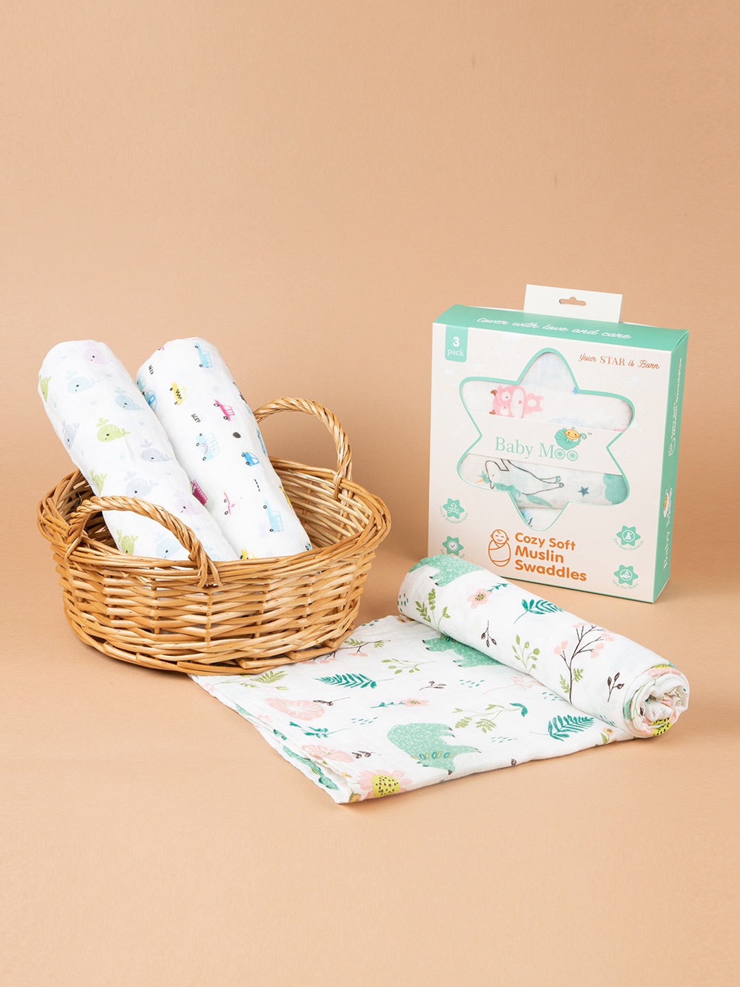

Baby Moo Infant Kids Pack Of 3 Printed Muslin Swaddles, Multi