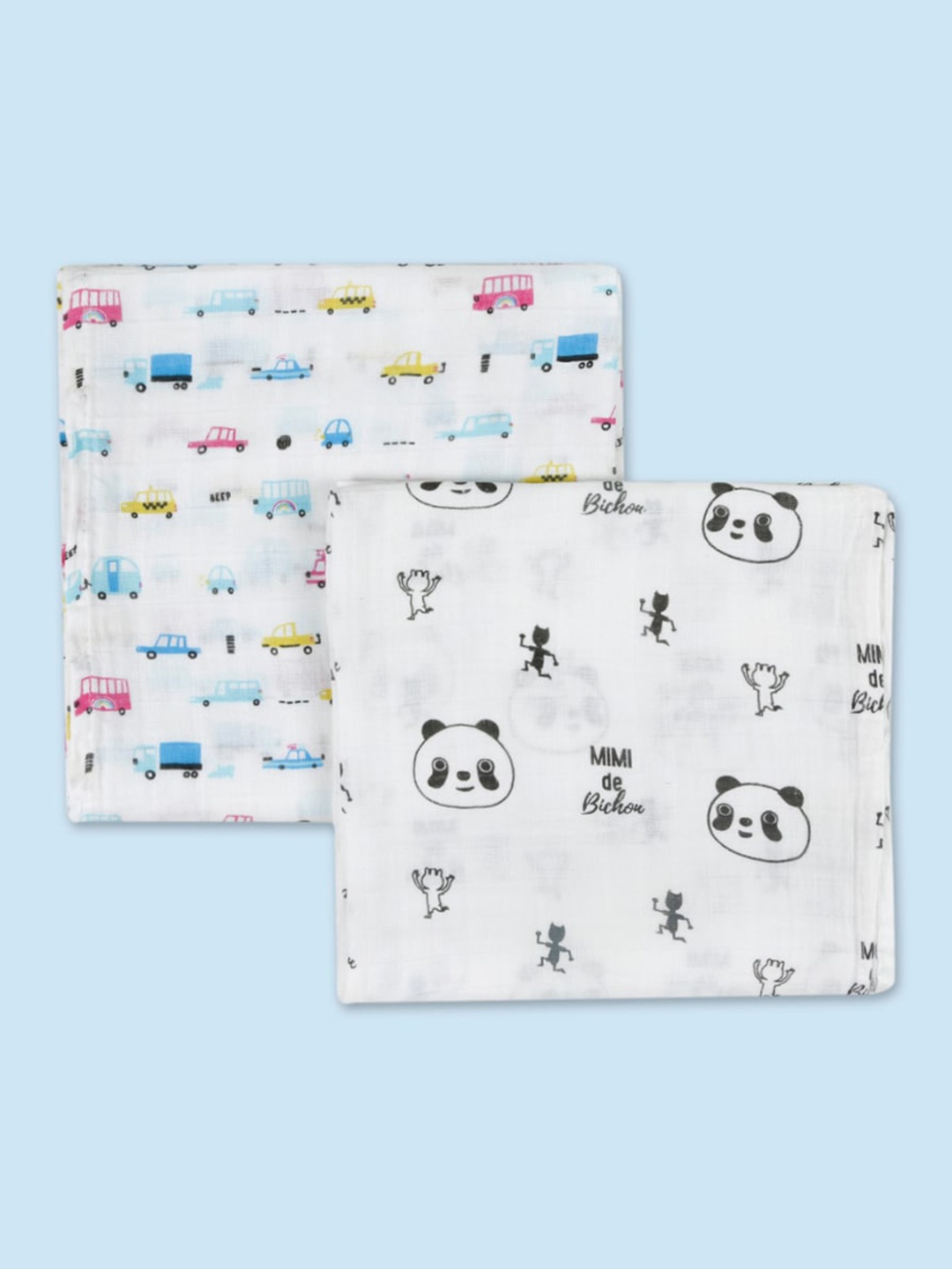 

Baby Moo Infants Set of 2 White & Multicoloured Printed Pure Muslin Cotton Swaddle Cloths