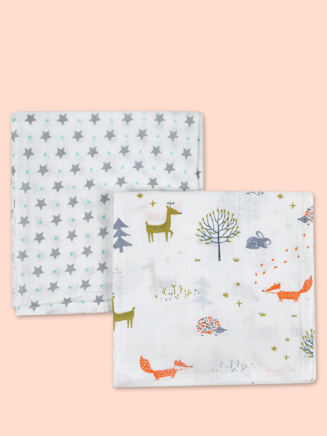Baby Moo Infants Set of 2 White Printed Pure Muslin Cotton Swaddle Cloths