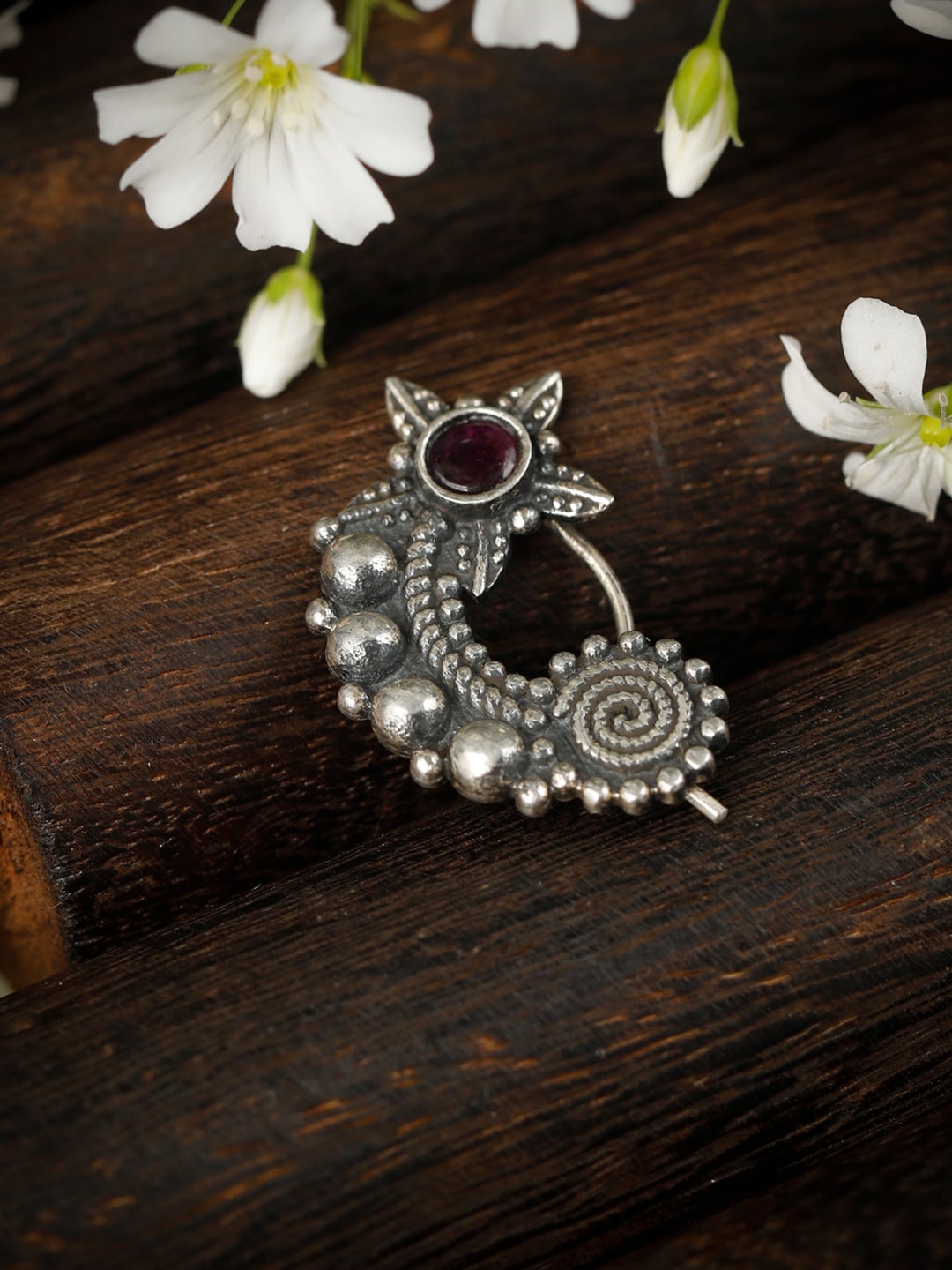 

SHEER by Priyaasi 925 Sterling Silver Pink Stone Studded Nath Nose Ring