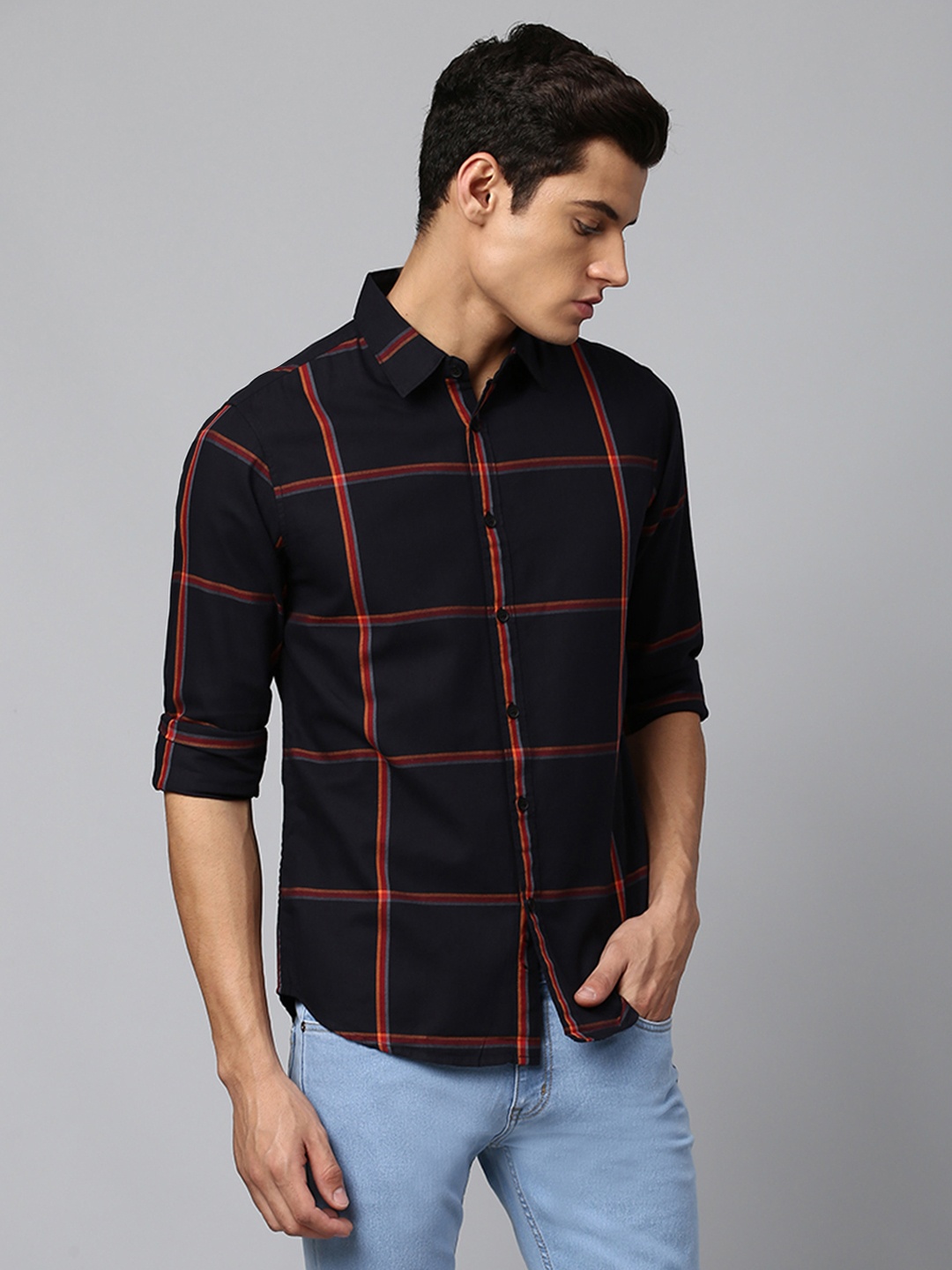 

Dennis Lingo Men Black Comfort Slim Fit Windowpane Checked Casual Shirt