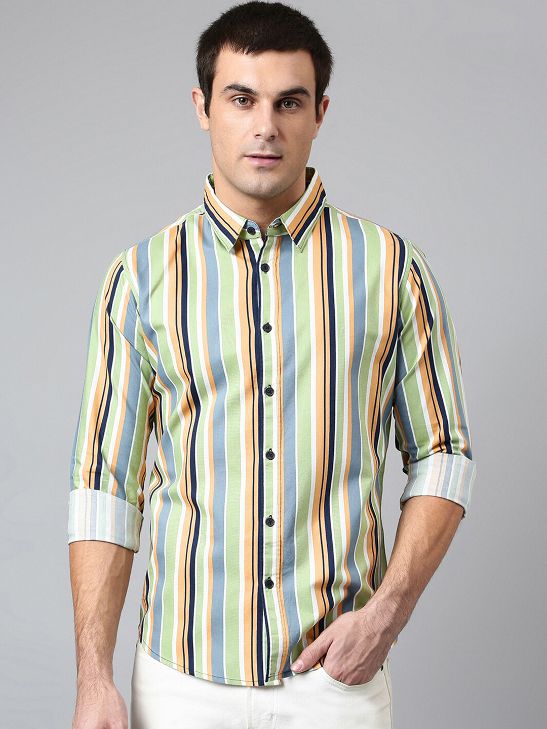 

Dennis Lingo Men Green Comfort Slim Fit Striped Casual Shirt