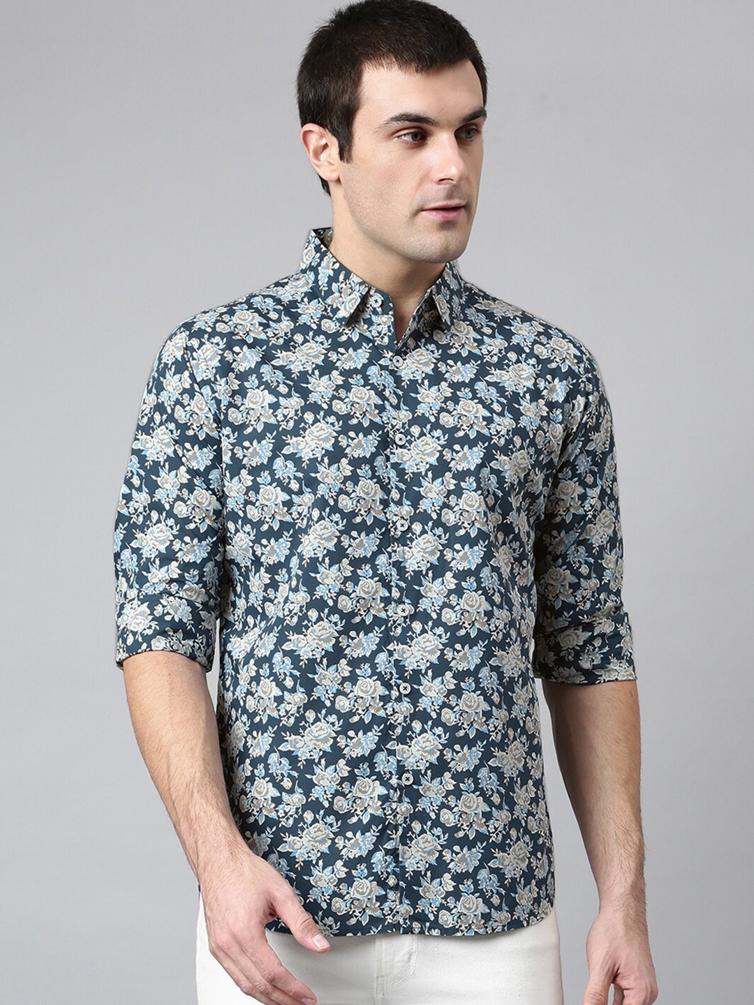 

Dennis Lingo Men Blue Comfort Slim Fit Floral Printed Casual Shirt