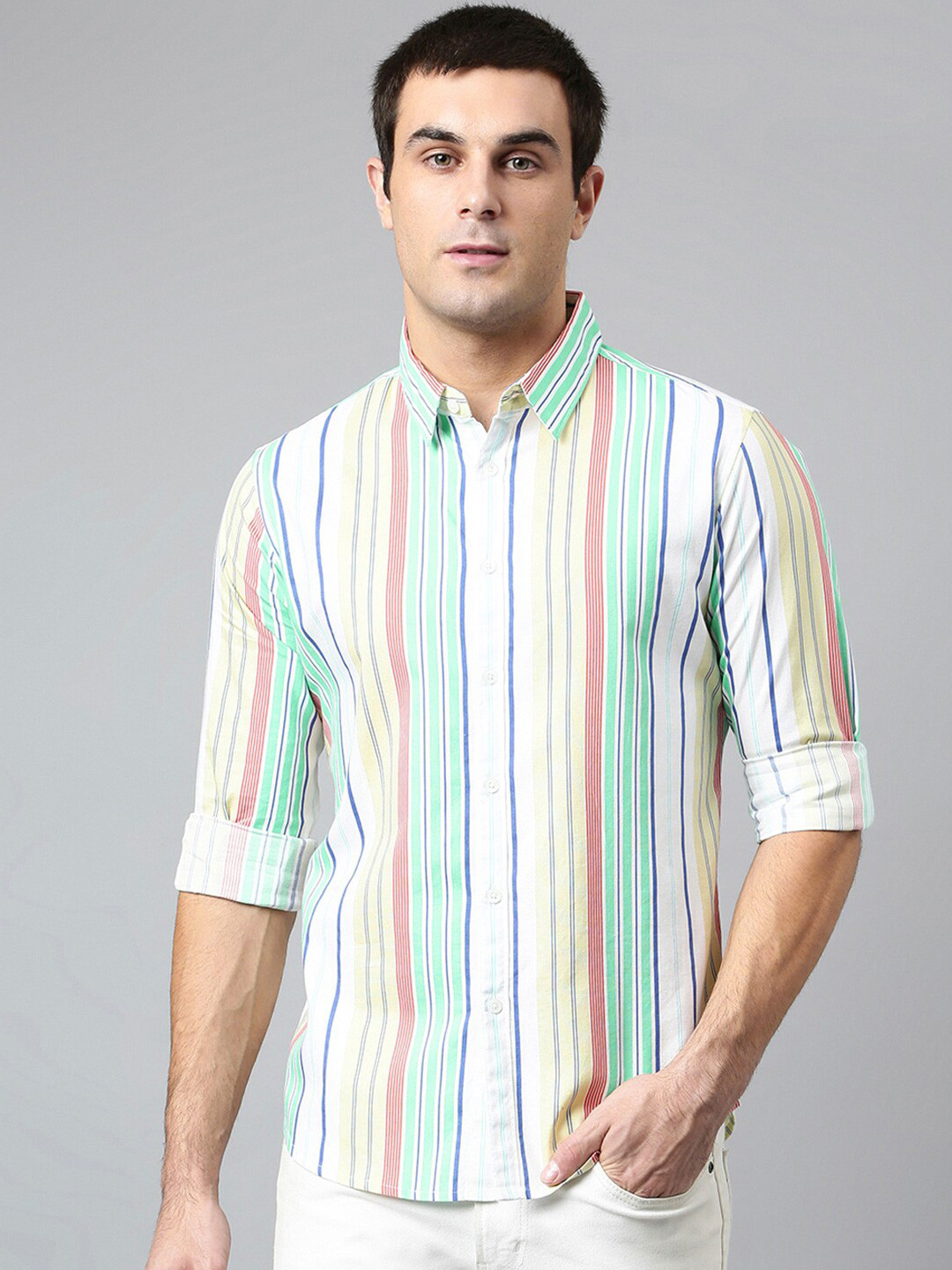 

Dennis Lingo Men White & Green Comfort Slim Fit Striped Casual Shirt