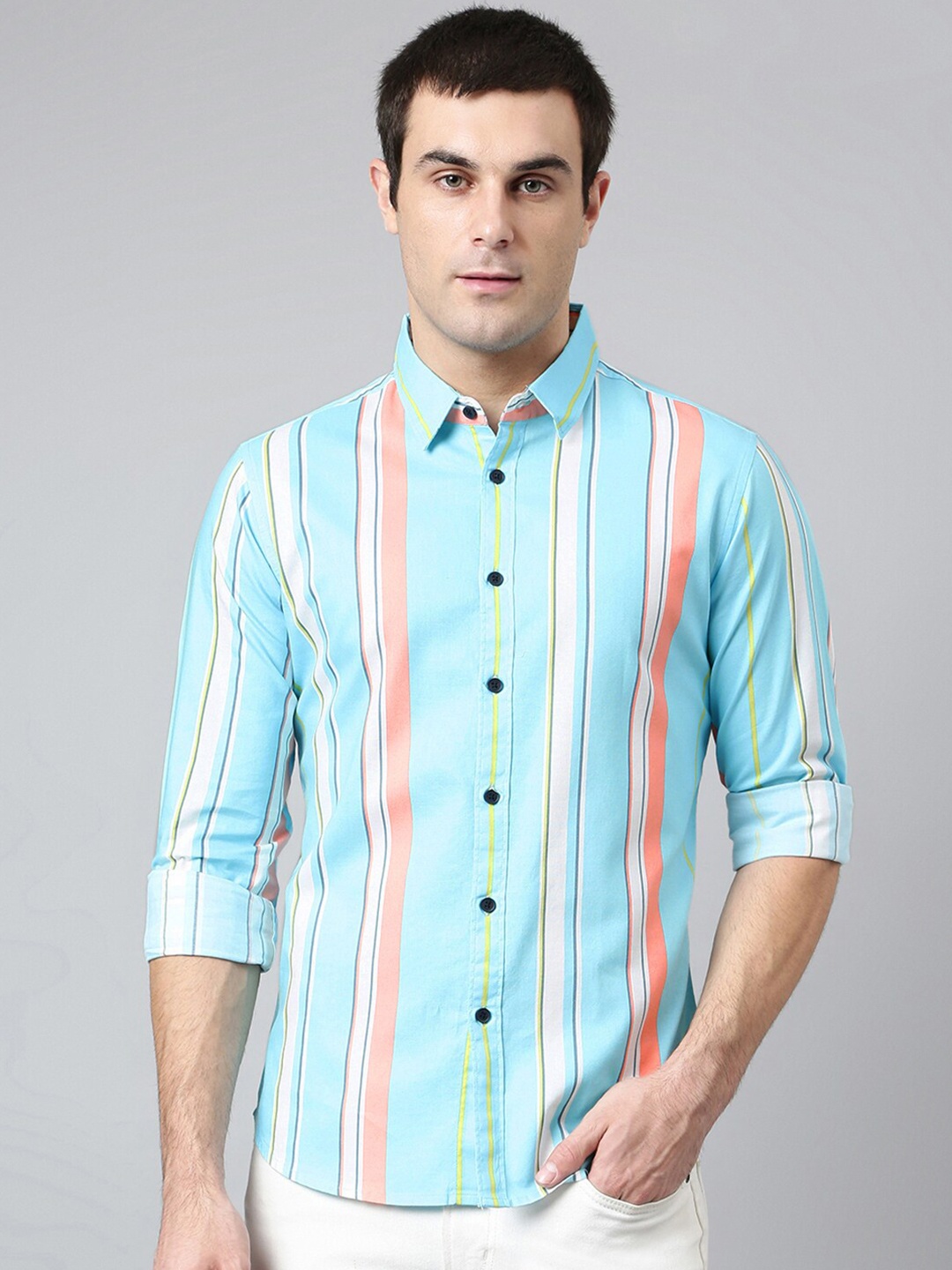 

Dennis Lingo Men Blue Comfort Slim Fit Striped Casual Shirt