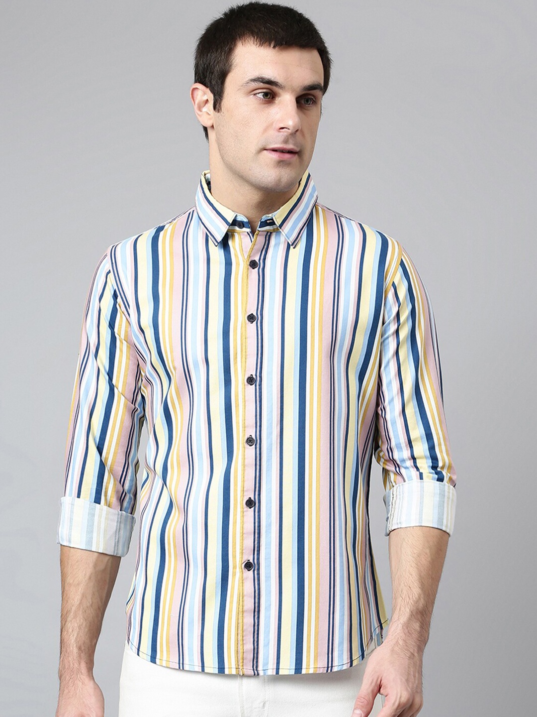 

Dennis Lingo Men Multicoloured Comfort Slim Fit Striped Cotton Casual Shirt, Multi