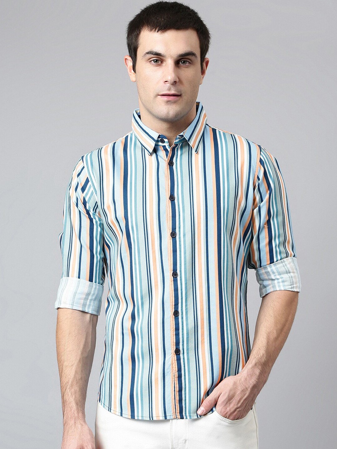 

Dennis Lingo Men Multicoloured Comfort Slim Fit Striped Cotton Casual Shirt, Multi