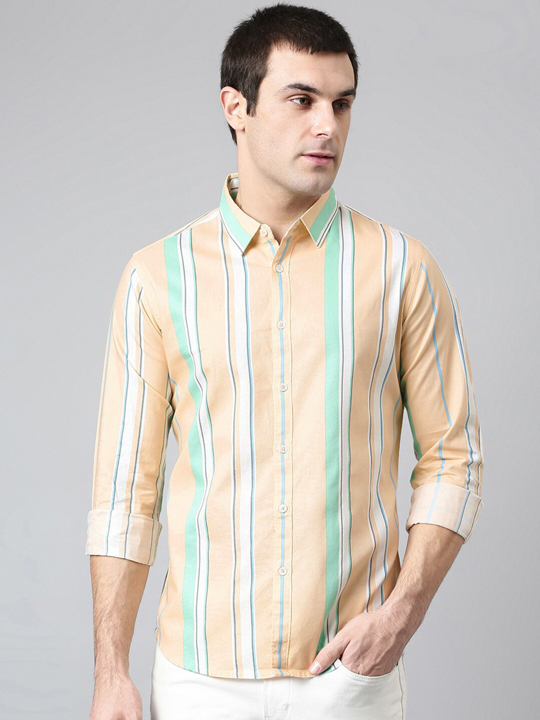 

Dennis Lingo Men Peach-Coloured Comfort Slim Fit Multi Striped Pure Cotton Casual Shirt