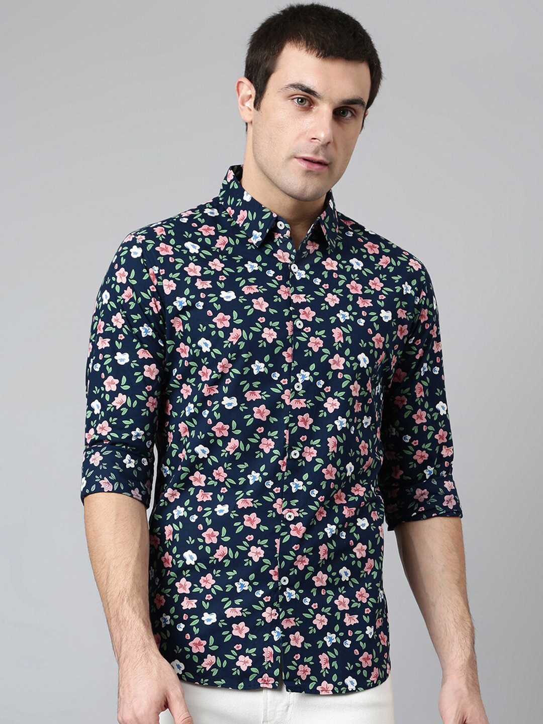 

Dennis Lingo Men Blue Comfort Slim Fit Floral Printed Casual Shirt
