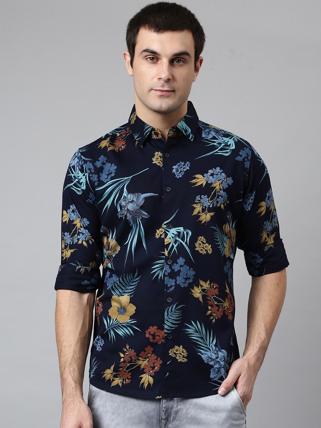 

Dennis Lingo Men Navy Blue Comfort Slim Fit Floral Printed Casual Shirt