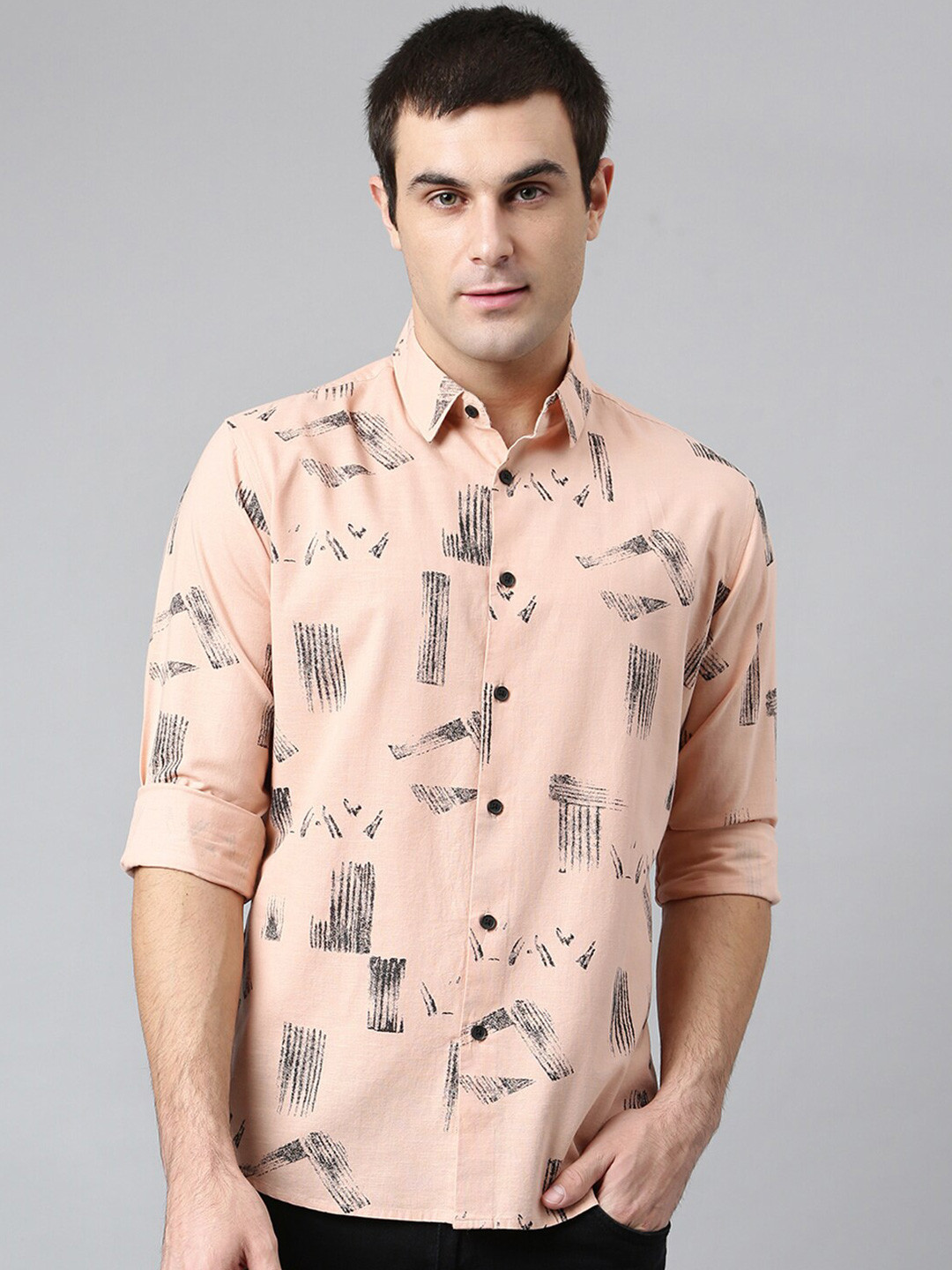 

Dennis Lingo Men Peach-Coloured Comfort Slim Fit Printed Casual Shirt