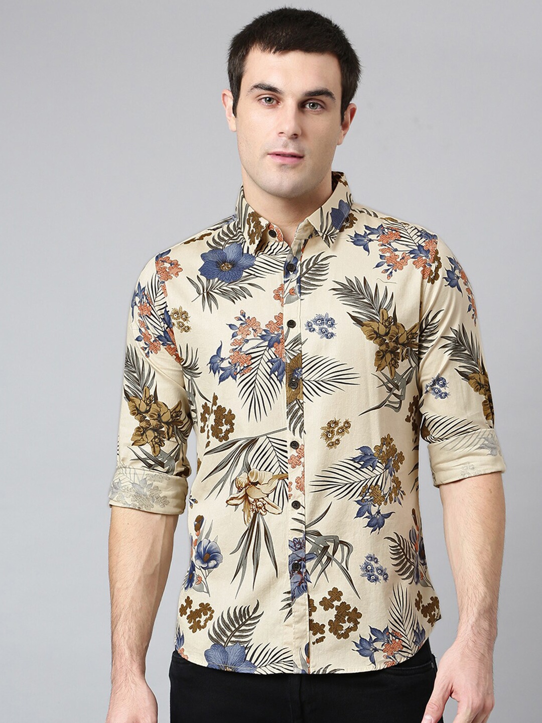 

Dennis Lingo Men Cream-Coloured Comfort Slim Fit Floral Printed Casual Shirt