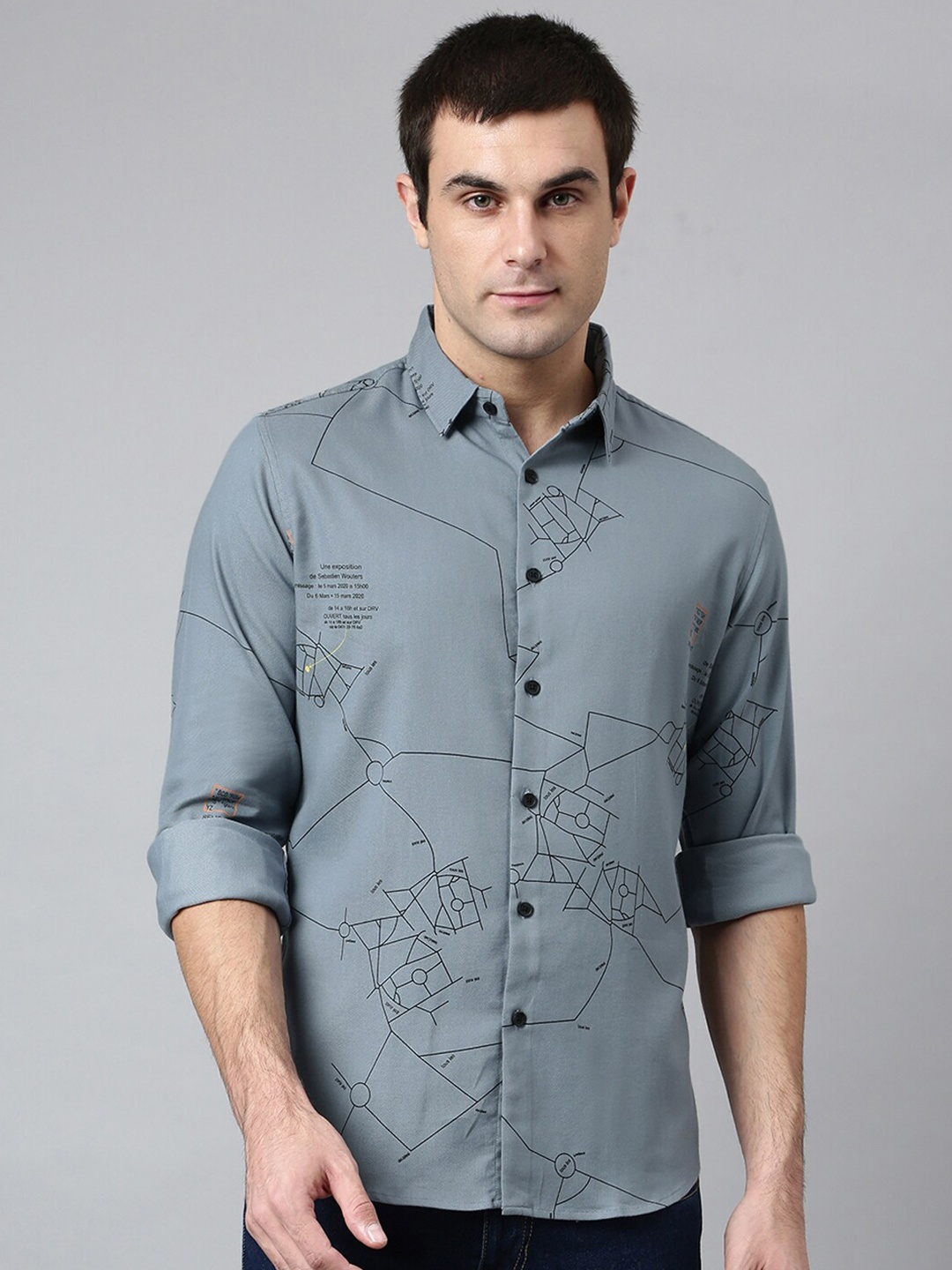 

Dennis Lingo Men Grey Comfort Slim Fit Printed Casual Shirt