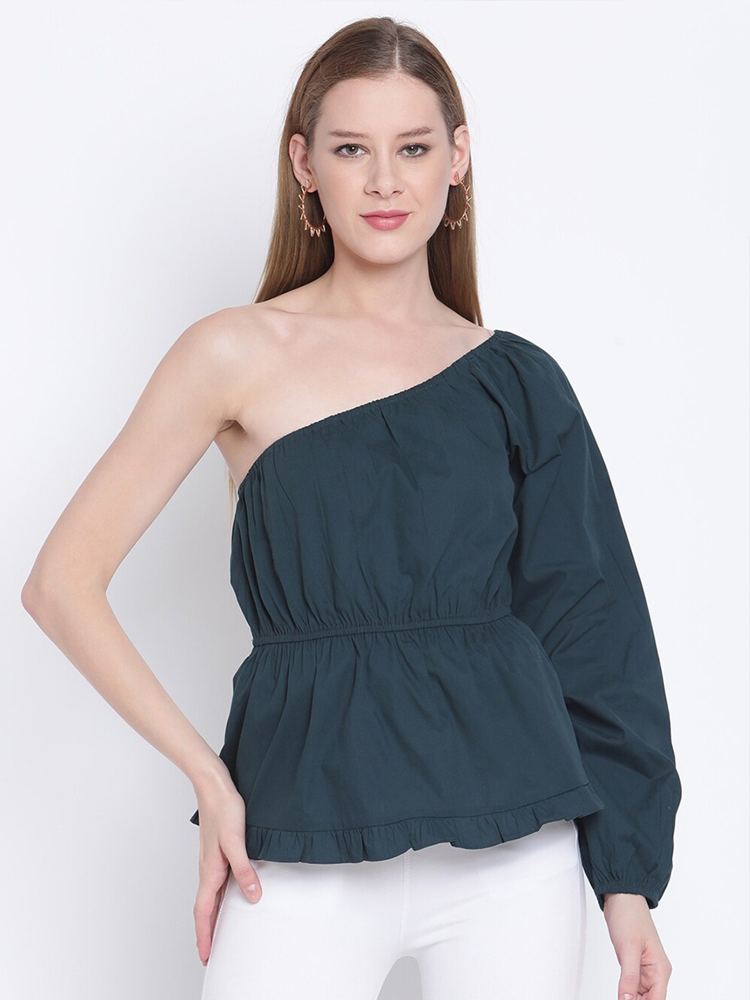 

VANCA ECO Green One Shoulder Cinched Waist Top With Puffer Sleeve