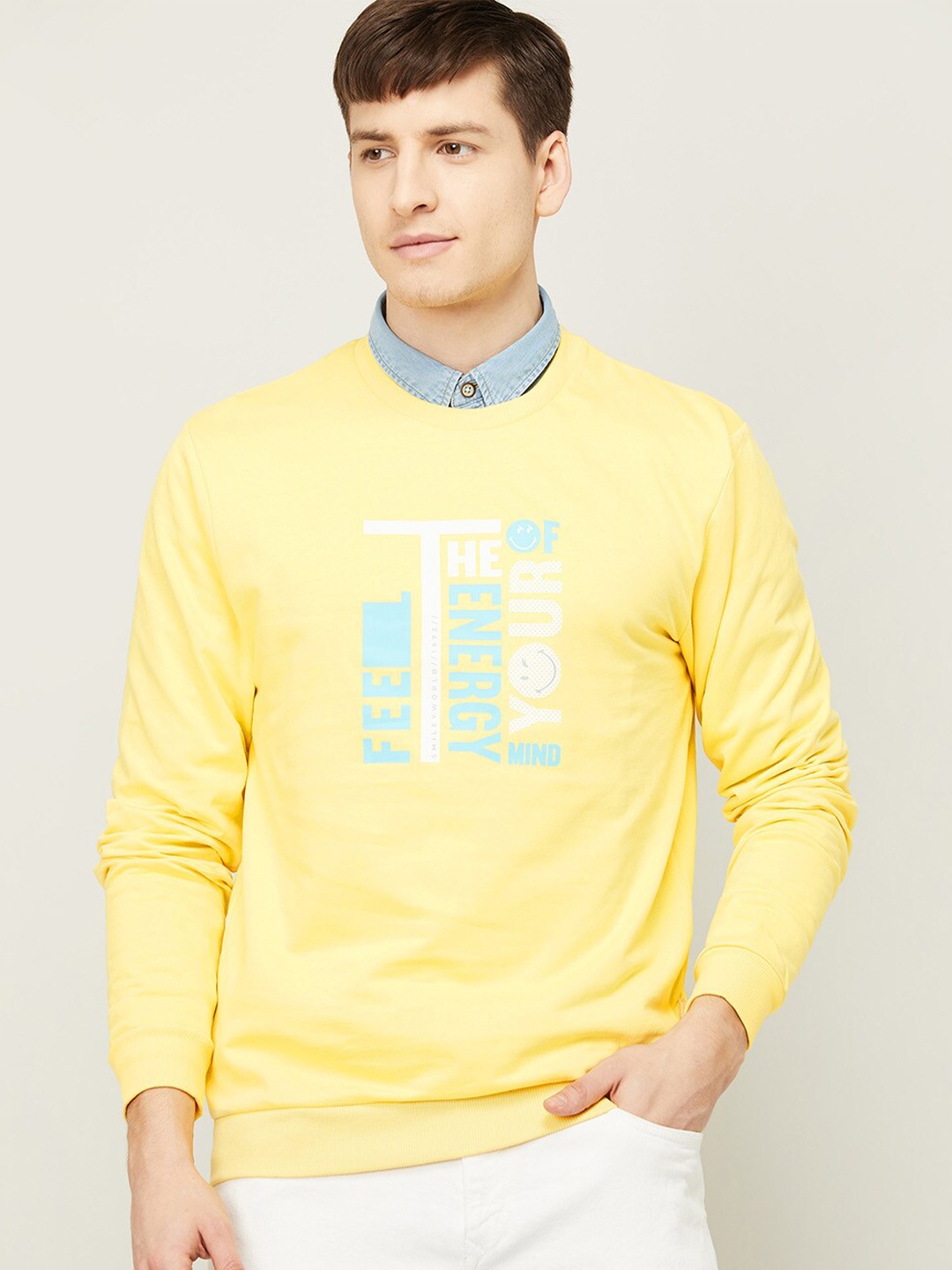 

SmileyWorld Men Yellow Printed Cotton Sweatshirt