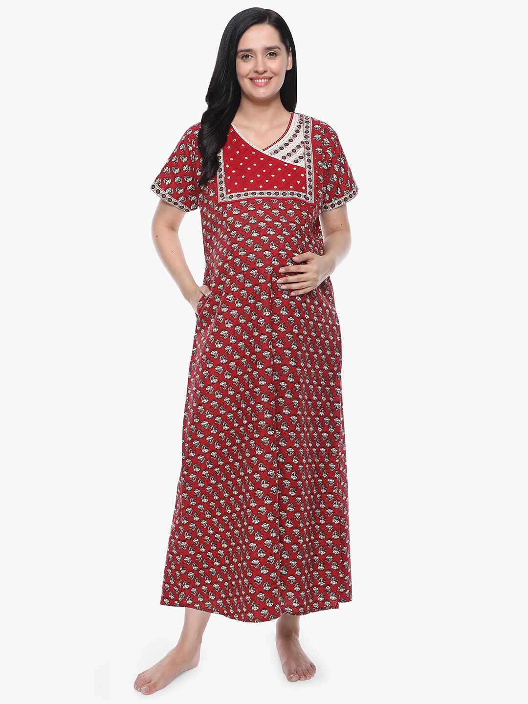

MeeMee Maternity Maroon Printed Maxi Nightdress with Feeding Zip