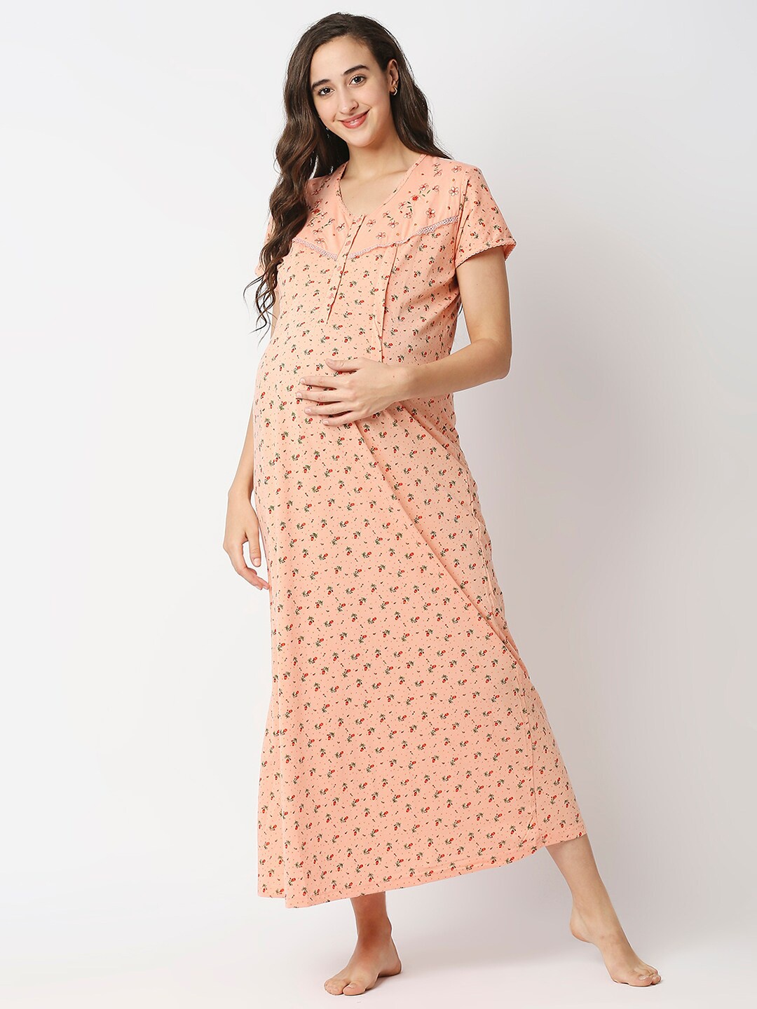 

MeeMee Peach-Coloured Printed Maxi Maternity Nightdress