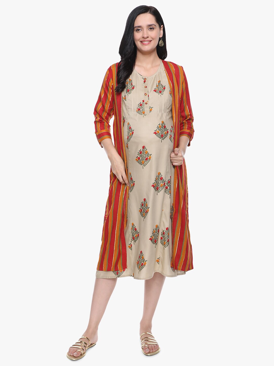 

MeeMee Beige & Multicoloured Ethnic Motifs Maternity A-Line Midi Dress With Feeding Zip