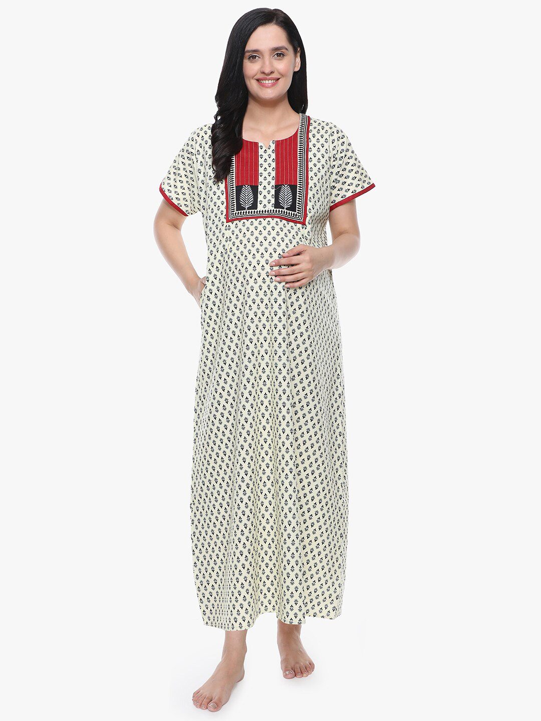 

MeeMee Maternity Off White Printed Maxi Nightdress with Feeding Zip