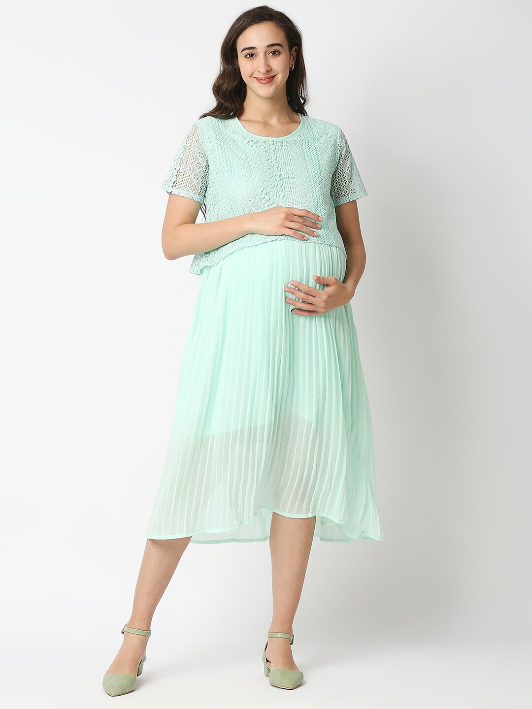 

MeeMee Green Maternity Midi Dress with Feeding Zip Mint