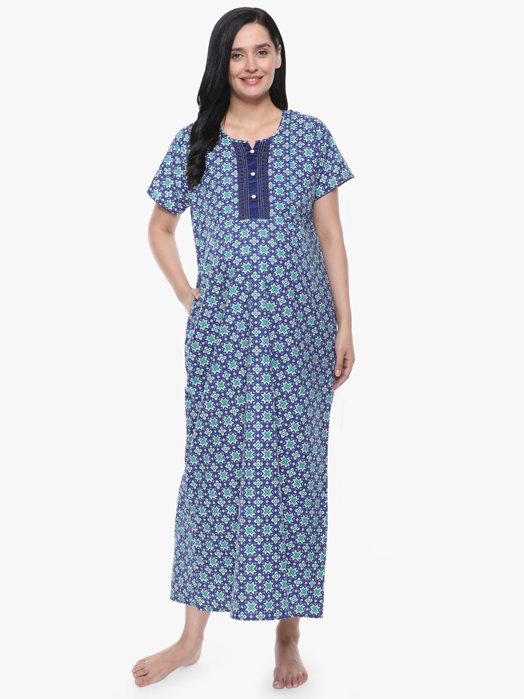 

MeeMee Blue Printed Maxi Maternity Nightdress