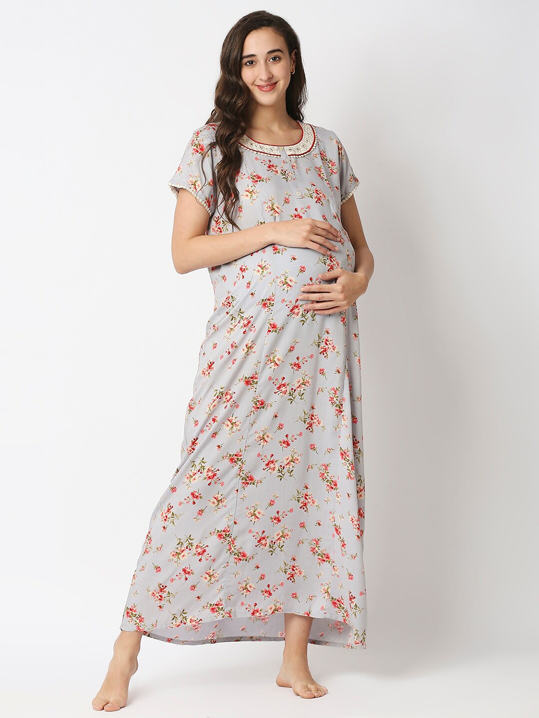 

MeeMee Grey Floral Maternity Maxi Dress