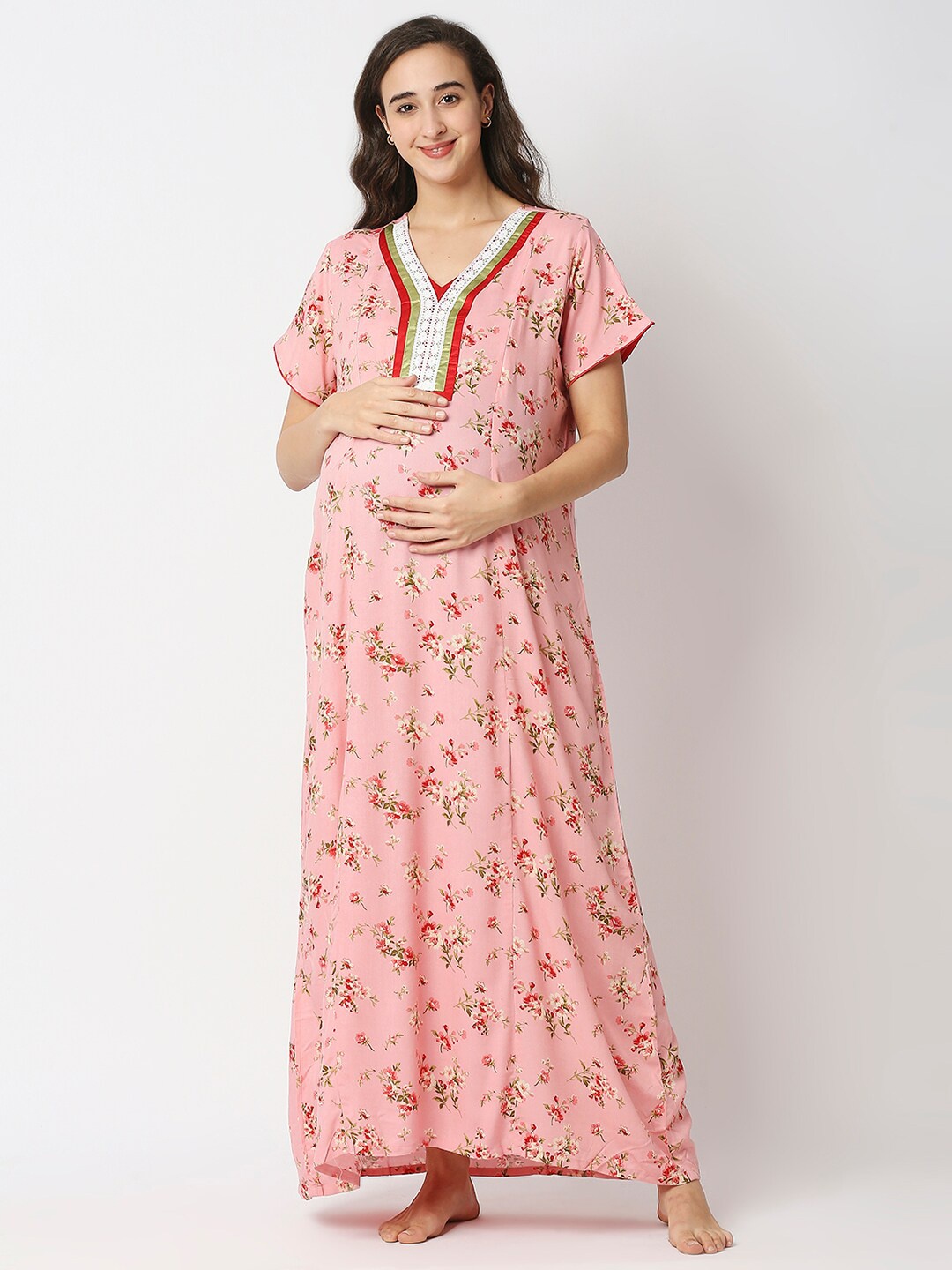 

MeeMee Maternity Pink Printed Maxi Nightdress with Feeding Zip