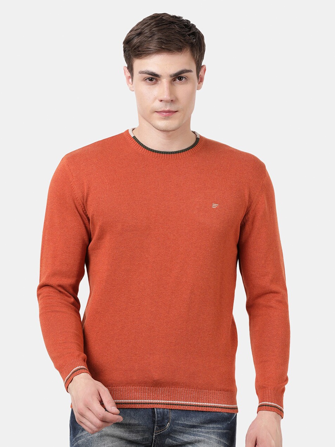 

t-base Men Orange Solid Round Neck Pullover Sweater