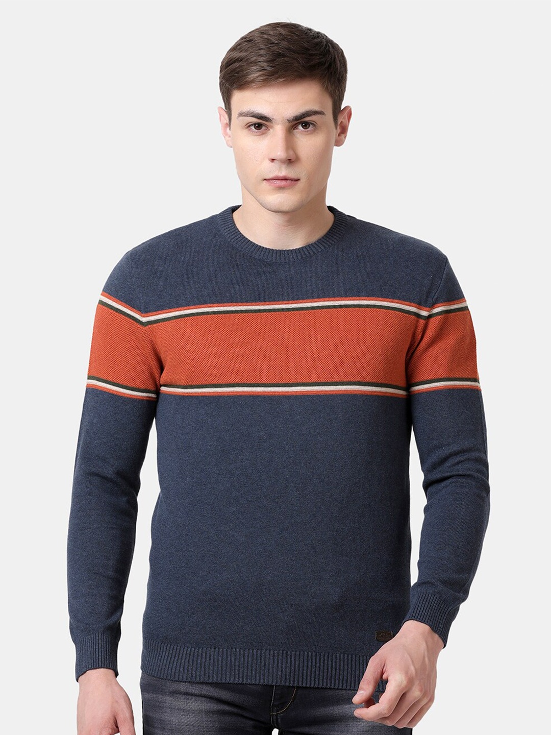 

t-base Men Navy Blue & Orange Colourblocked Round Neck Pullover Sweater