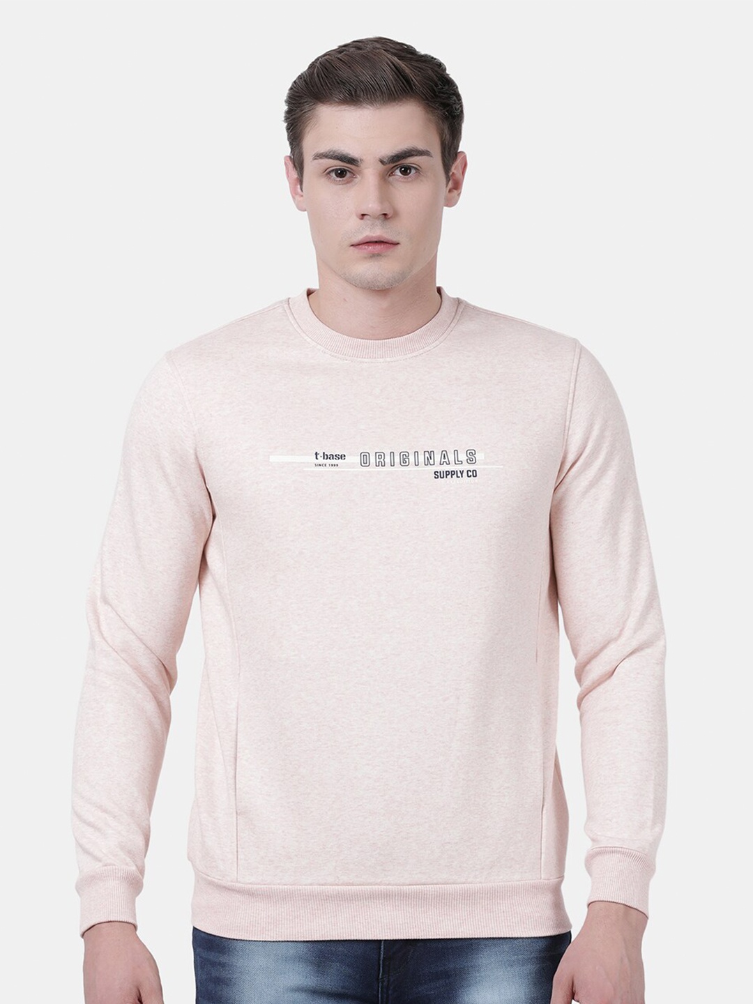

t-base Men Peach-Coloured Printed Sweatshirt