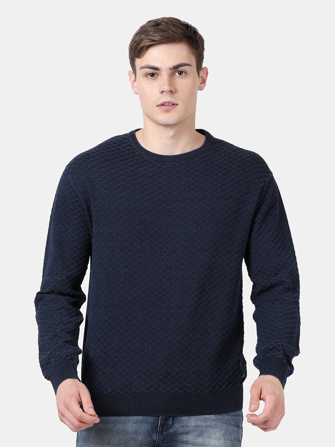 

t-base Men Blue Checked Round Neck Pullover Sweater