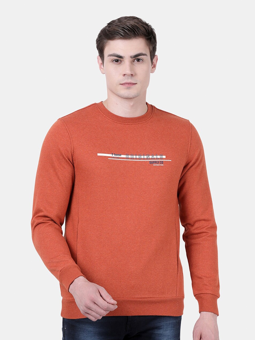 

t-base Men Orange Printed Sweatshirt
