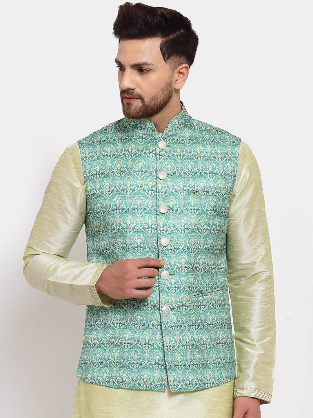 

MOHANLAL SONS Men Green & Blue Printed Woven Nehru Jacket