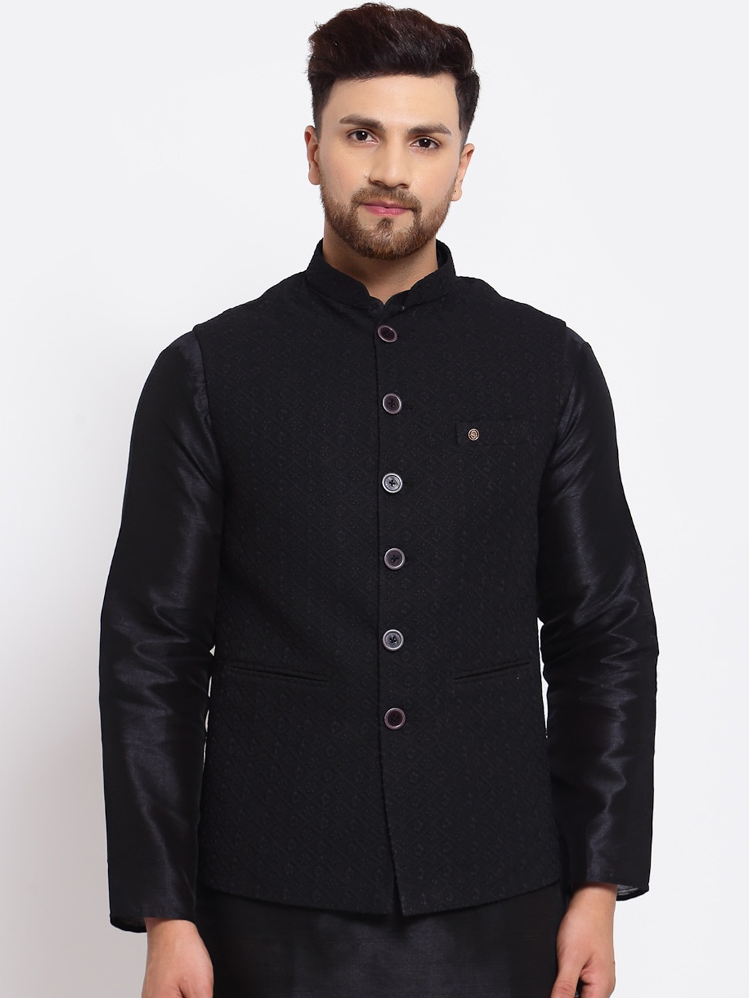 

MOHANLAL SONS Men Black Embroidered Woven Nehru Jacket
