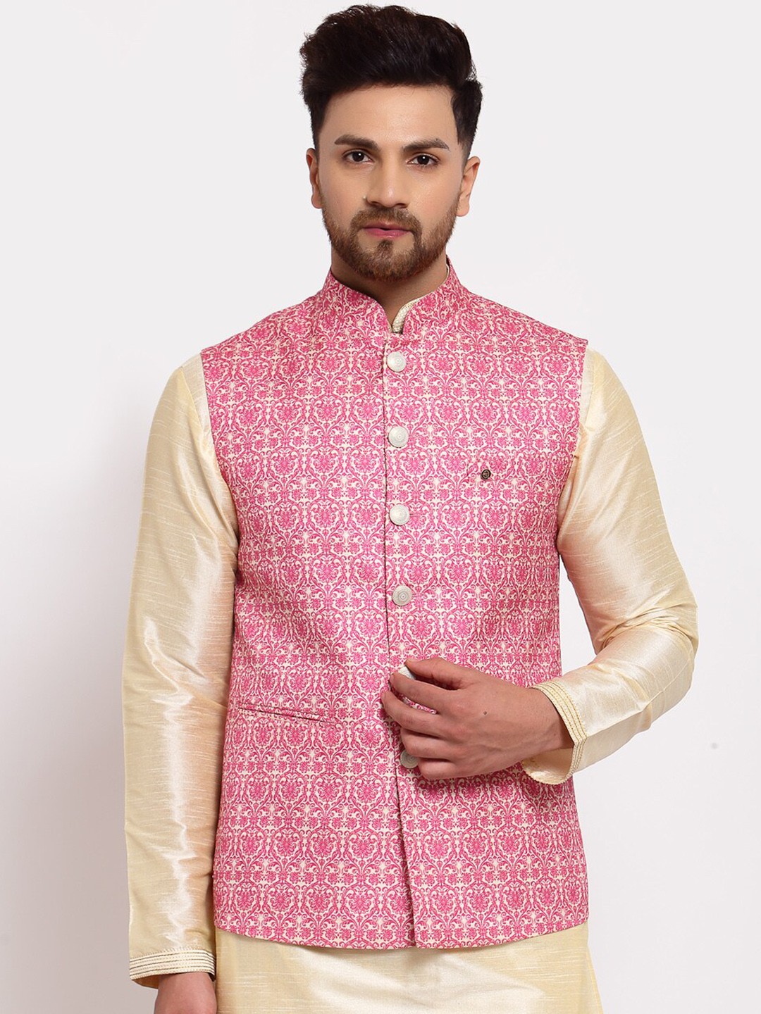 

MOHANLAL SONS Men Pink & White Printed Woven Nehru Jacket