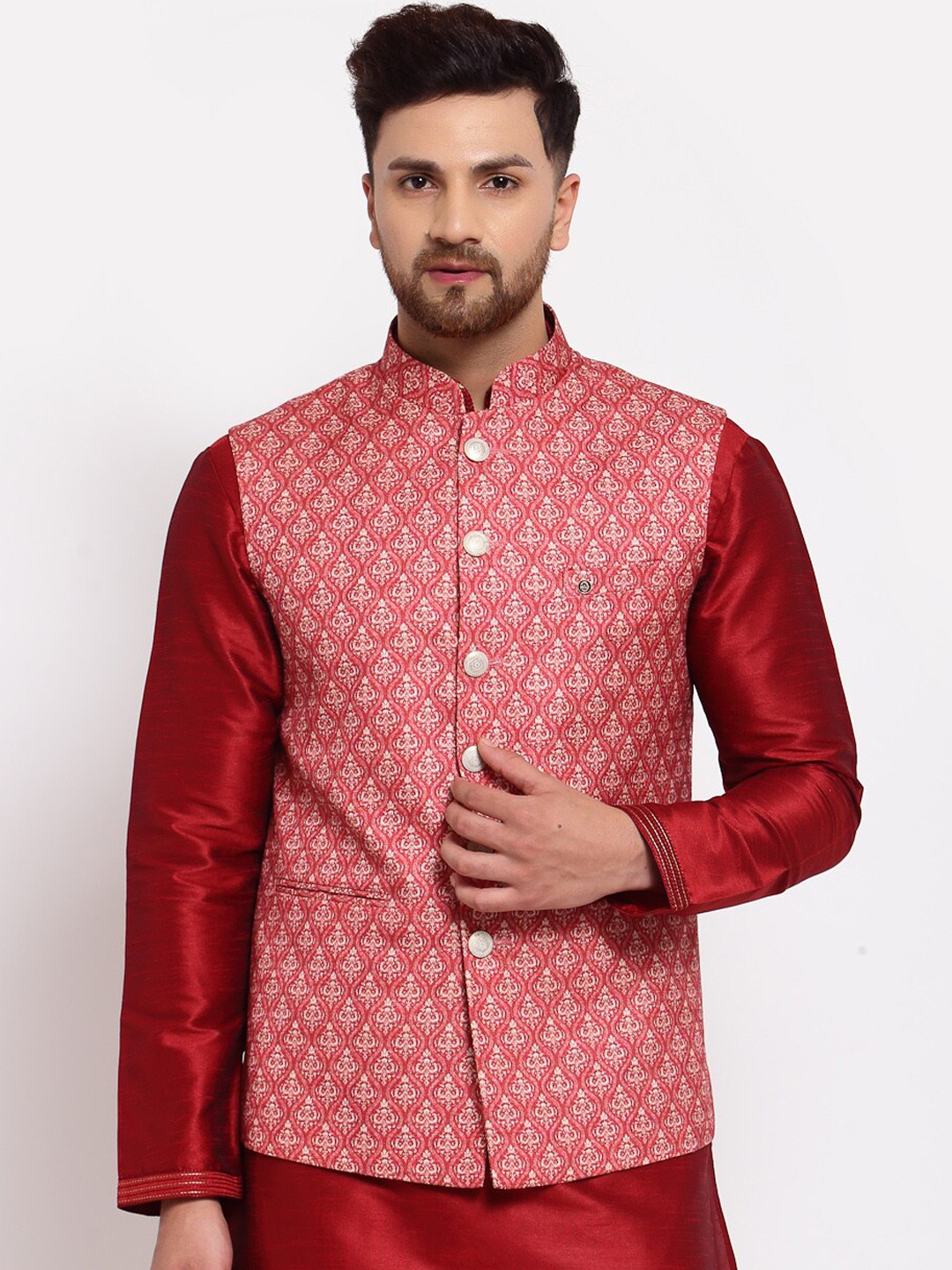 

MOHANLAL SONS Men Maroon Printed Woven Nehru Jacket