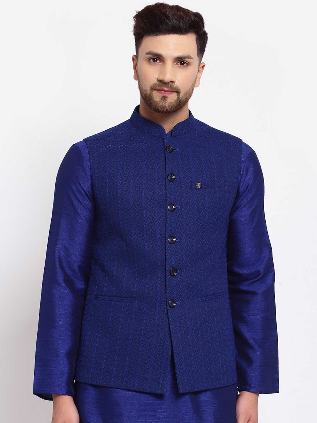 

MOHANLAL SONS Men Navy Blue Printed Woven Nehru Jacket