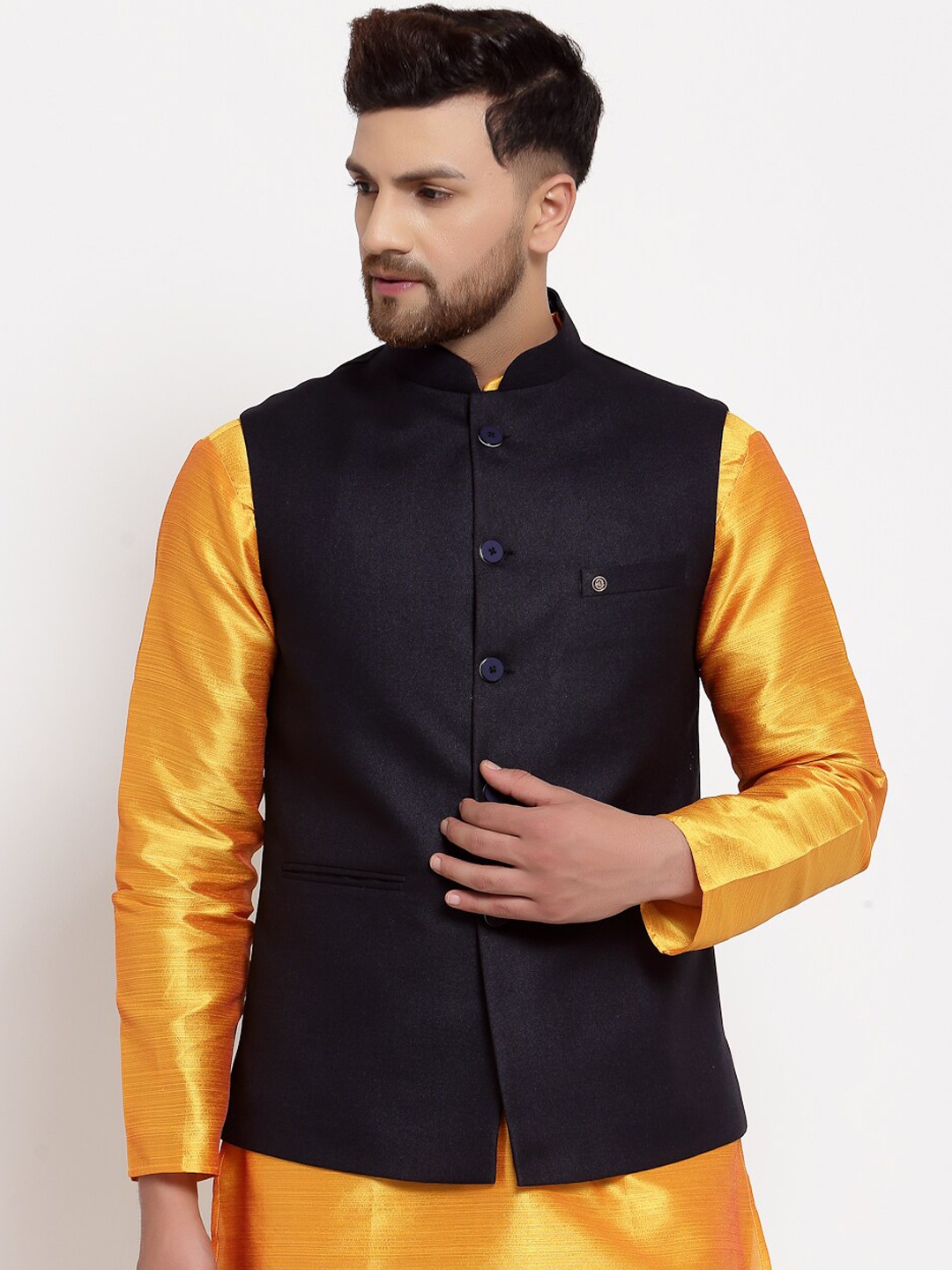 

MOHANLAL SONS Men Navy Blue Solid Woven Nehru Jacket